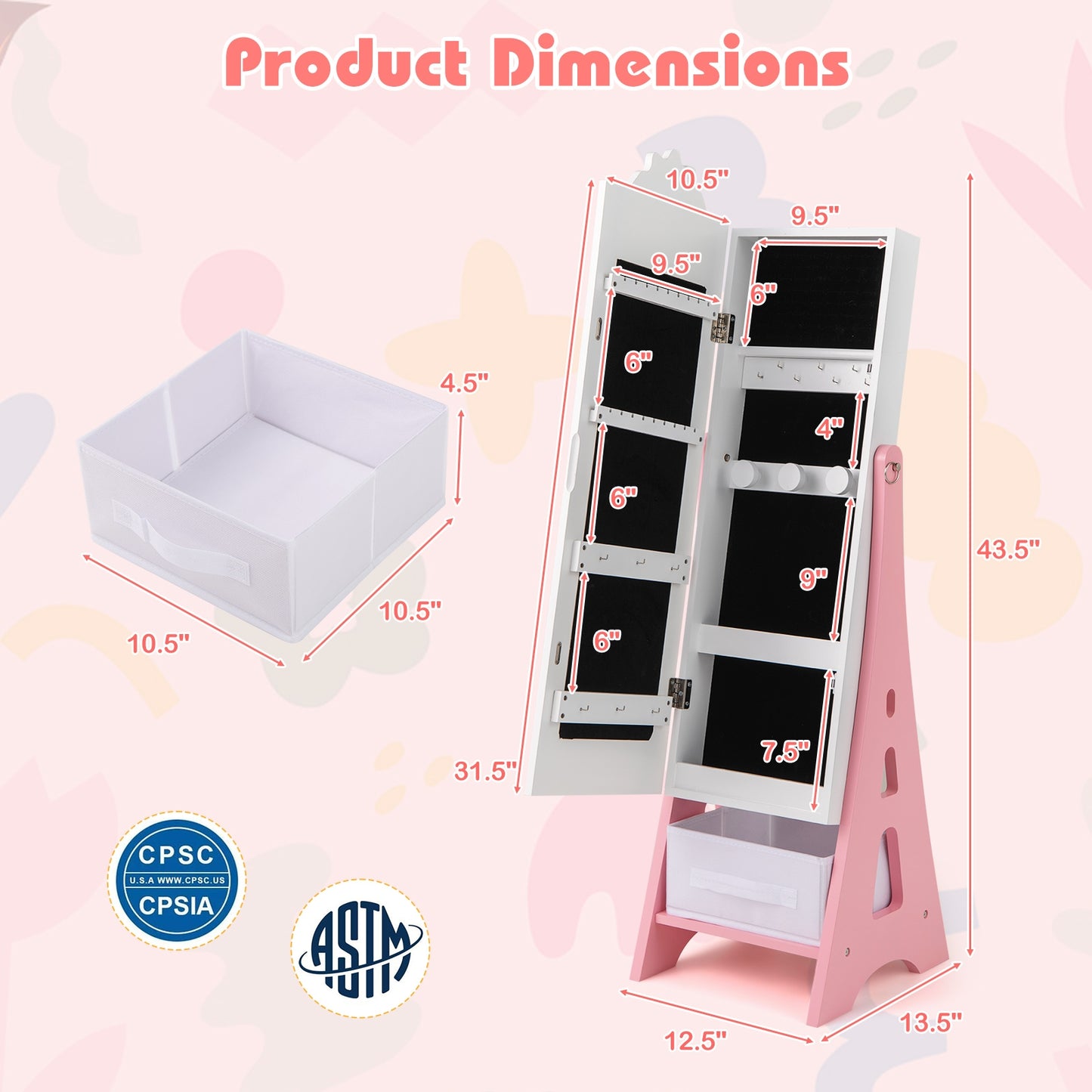 Kids Jewelry Cabinet with Full-Length Mirror and Foldable Drawer-White Kids Crystal