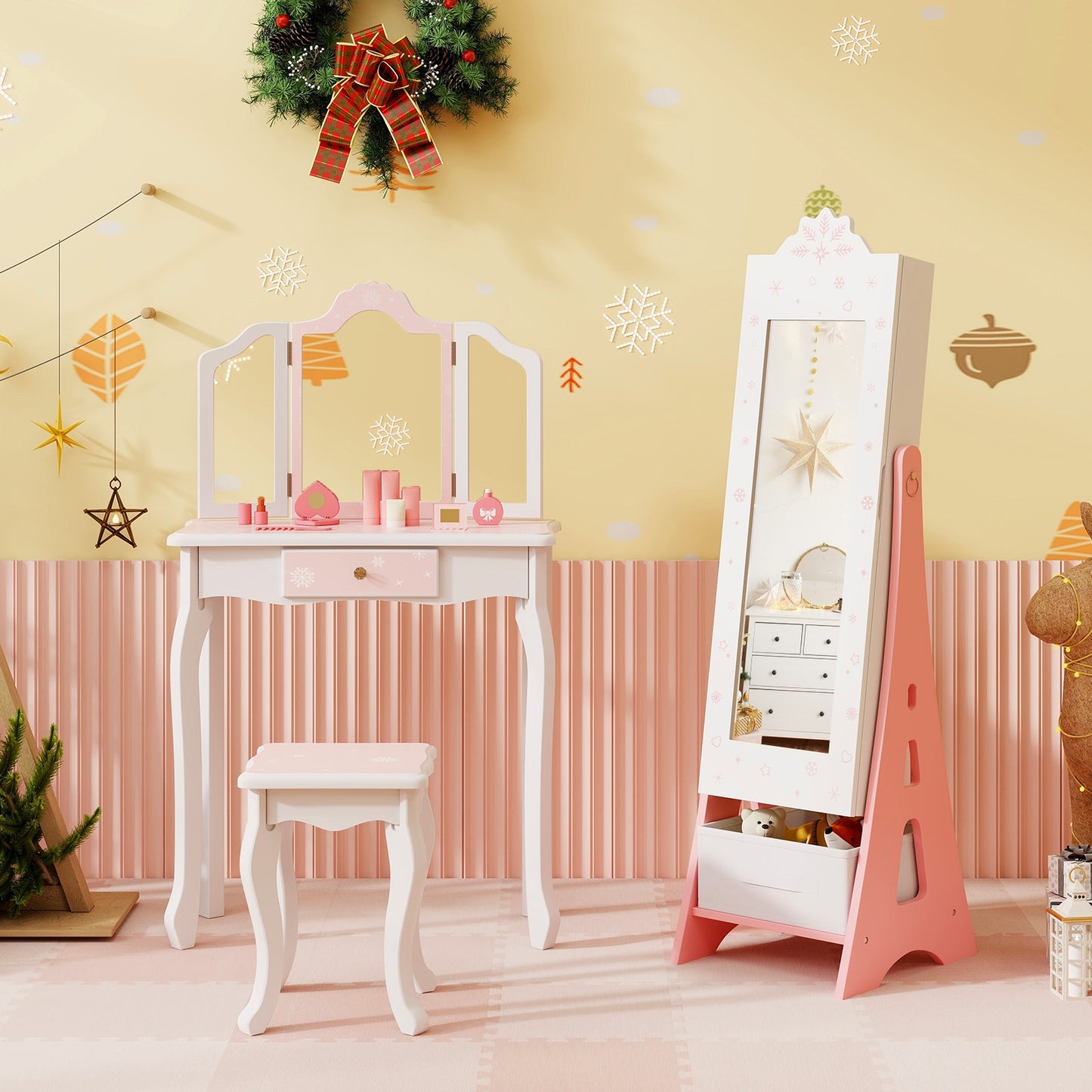 Kids Jewelry Cabinet with Full-Length Mirror and Foldable Drawer-White Kids Crystal