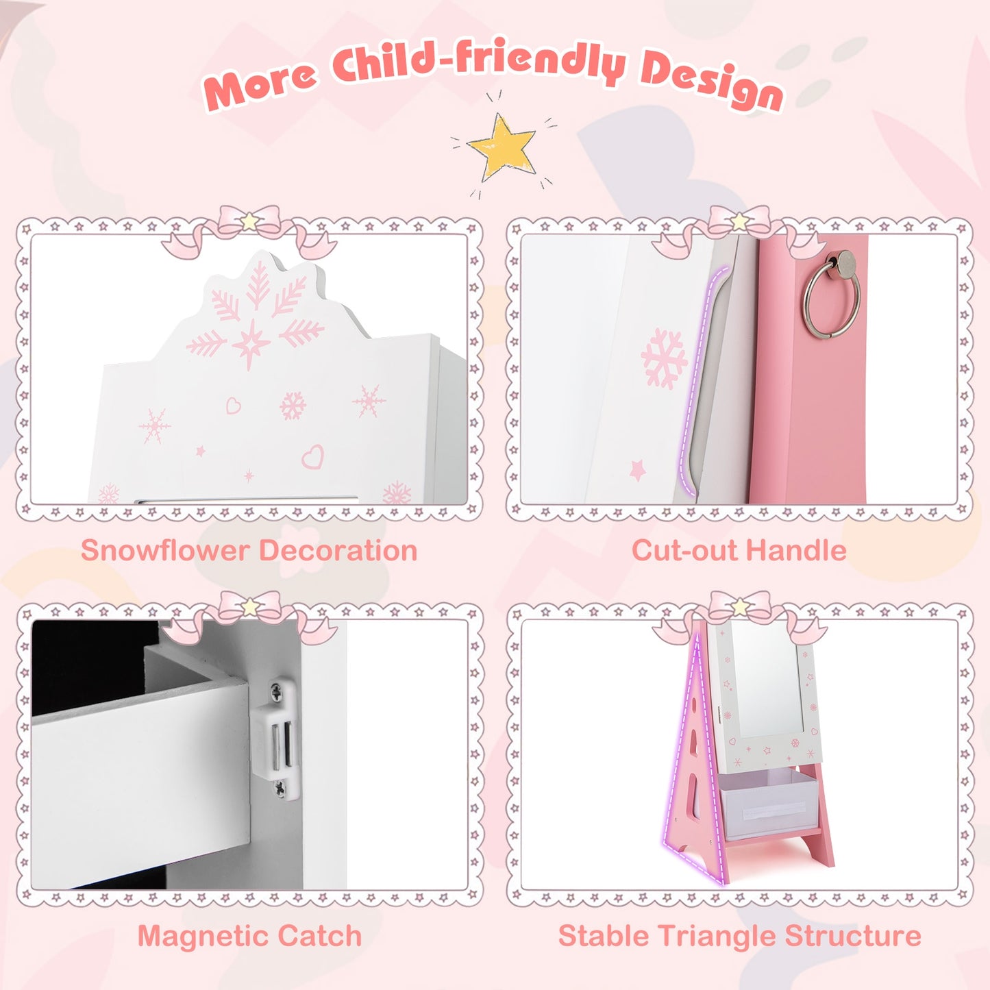 Kids Jewelry Cabinet with Full-Length Mirror and Foldable Drawer-White Kids Crystal
