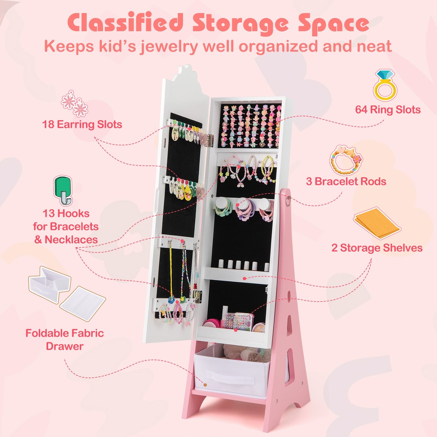 Kids Jewelry Cabinet with Full-Length Mirror and Foldable Drawer-White Kids Crystal