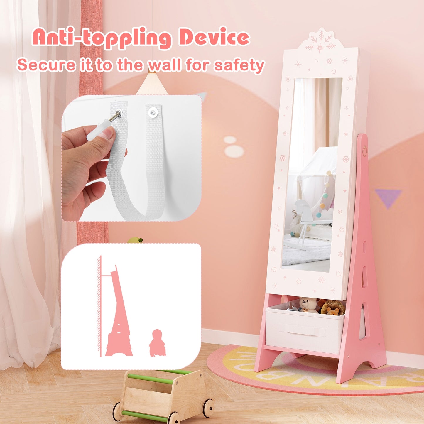 Kids Jewelry Cabinet with Full-Length Mirror and Foldable Drawer-White Kids Crystal