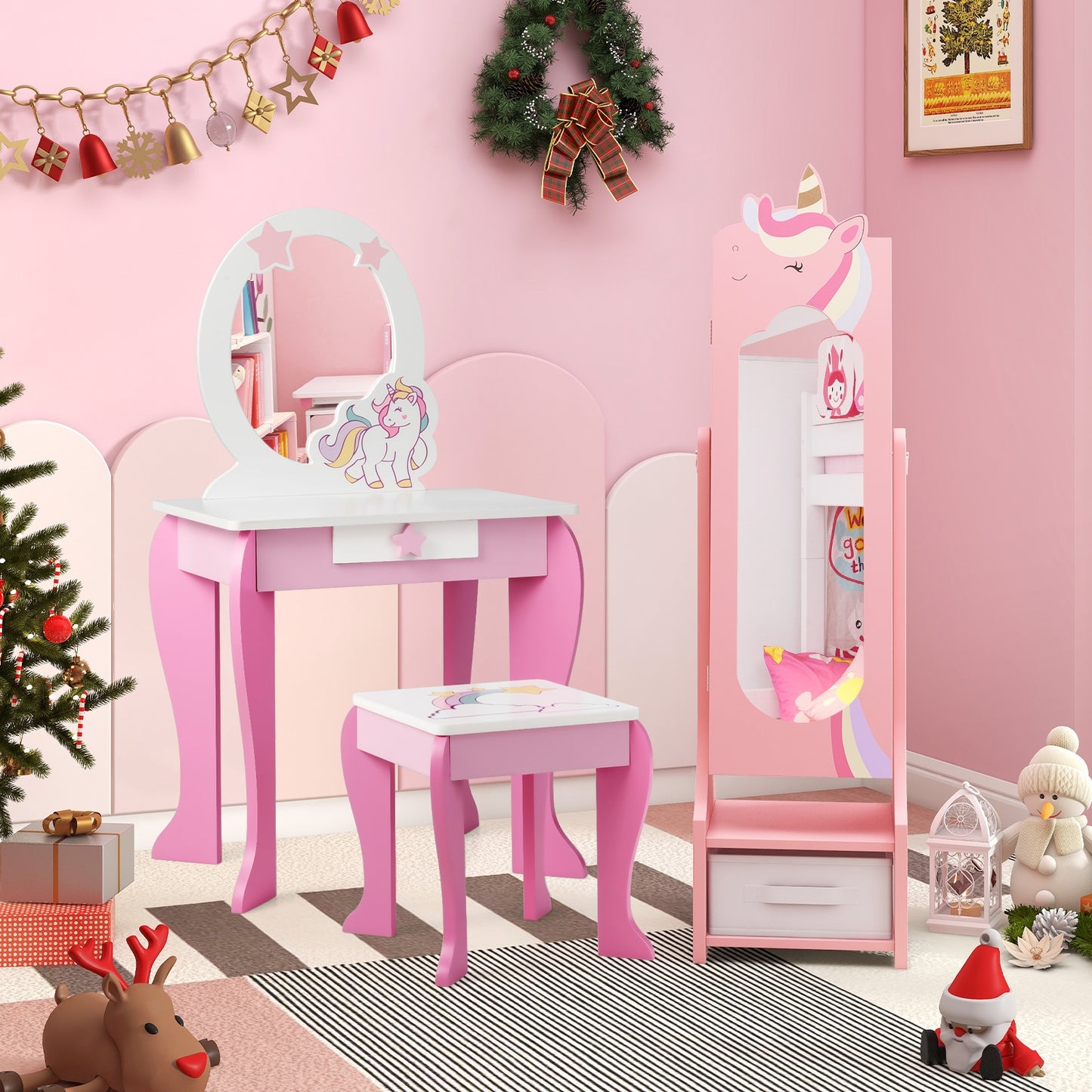 Kids Jewelry Armoire Cabinet with Storage and 2 Tilt Angles-Pink Kids Crystal
