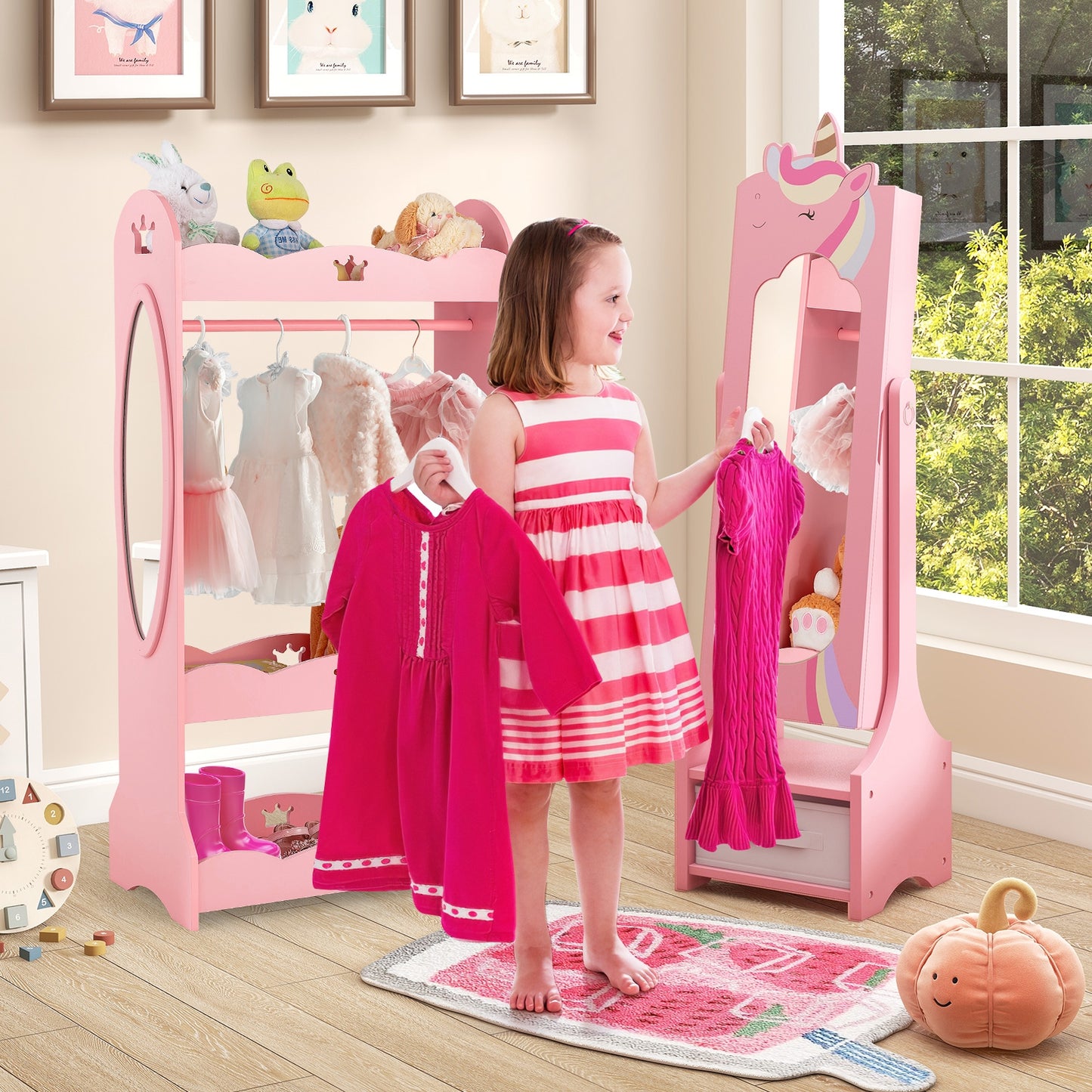 Kids Jewelry Armoire Cabinet with Storage and 2 Tilt Angles-Pink Kids Crystal