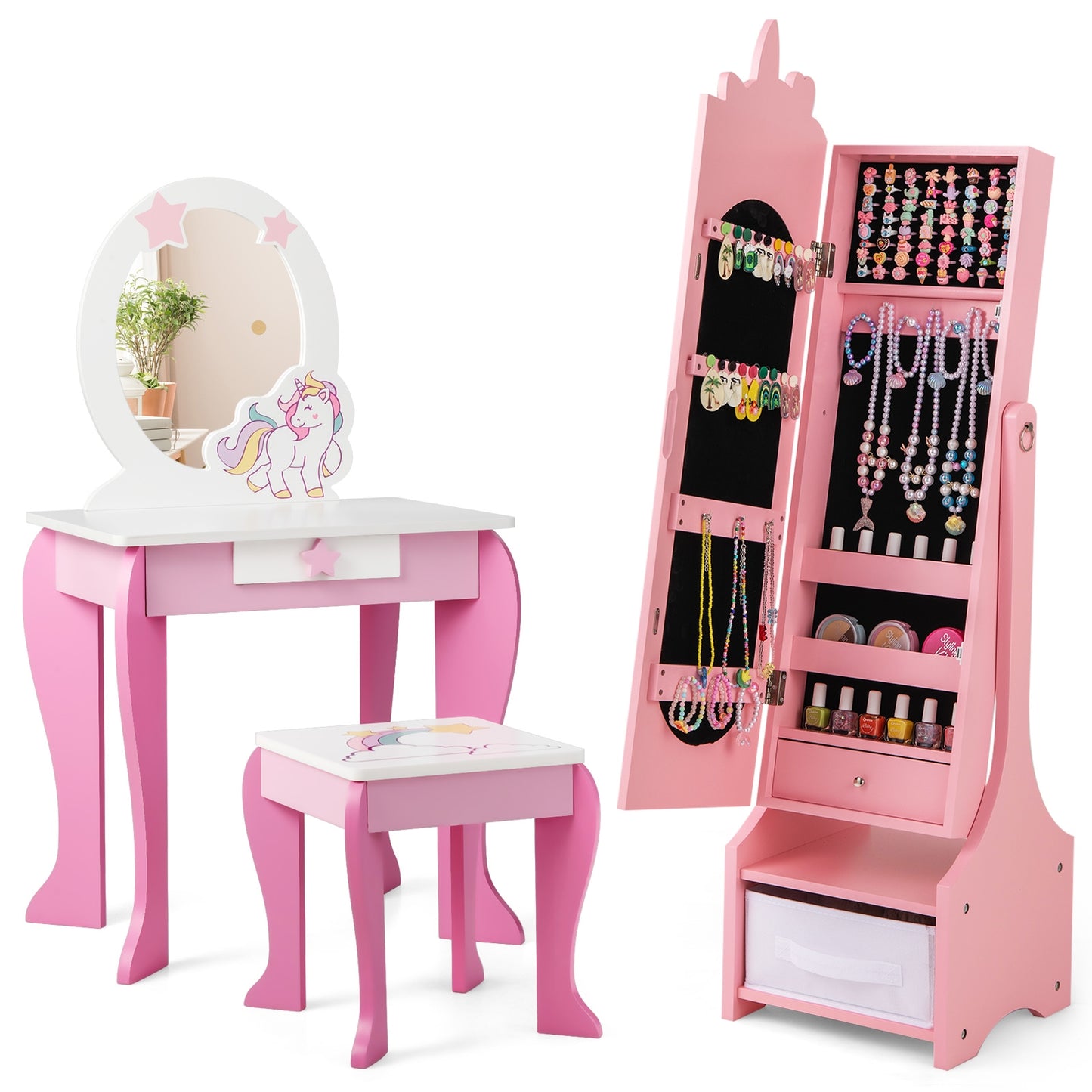 Kids Jewelry Armoire Cabinet with Storage and 2 Tilt Angles-Pink Kids Crystal