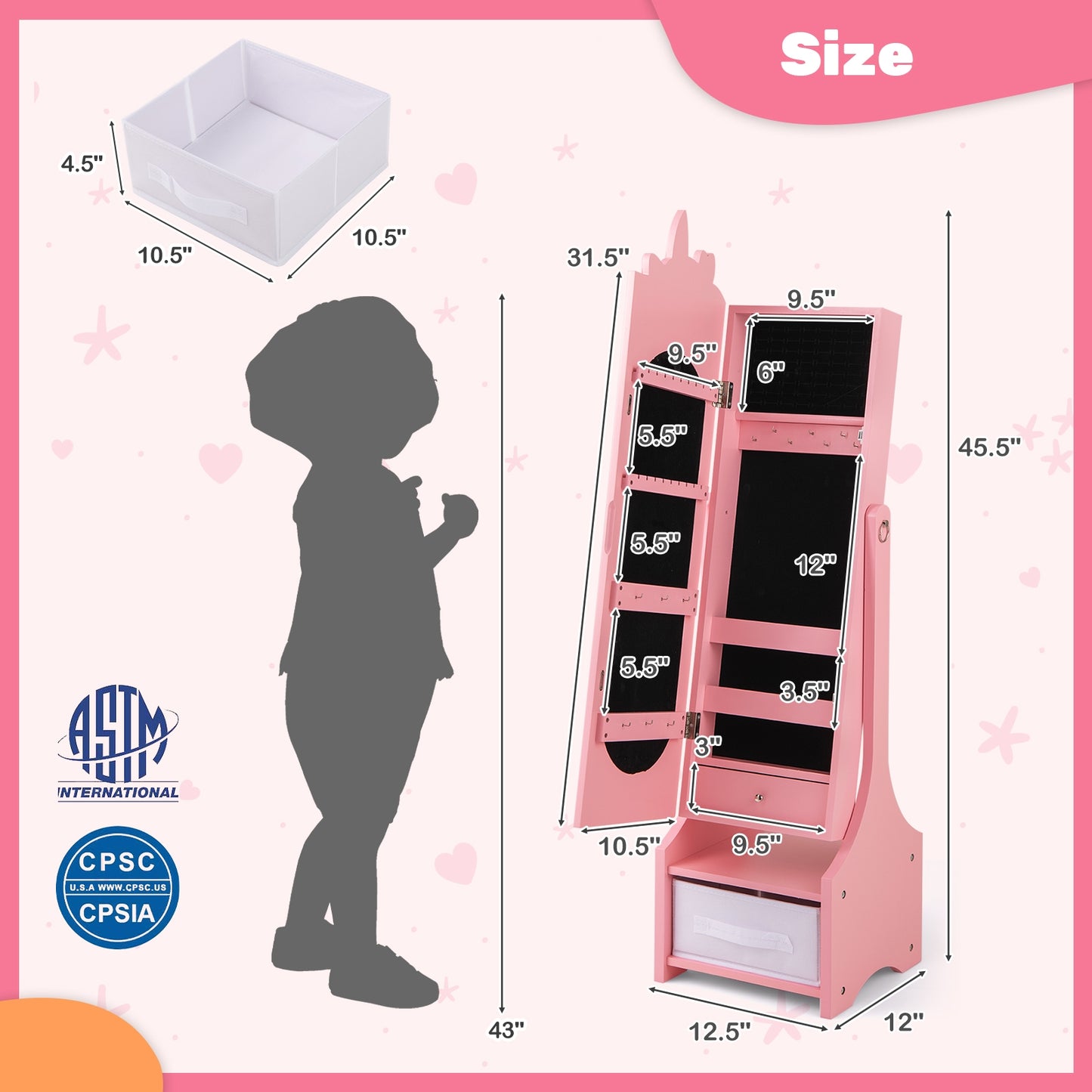 Kids Jewelry Armoire Cabinet with Storage and 2 Tilt Angles-Pink Kids Crystal