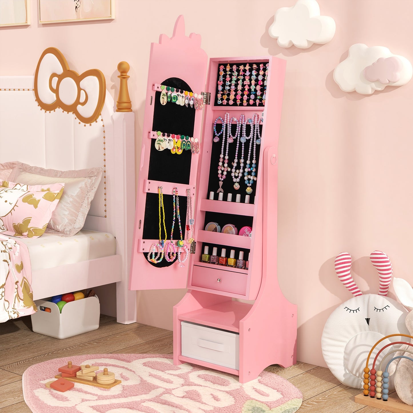 Kids Jewelry Armoire Cabinet with Storage and 2 Tilt Angles-Pink Kids Crystal