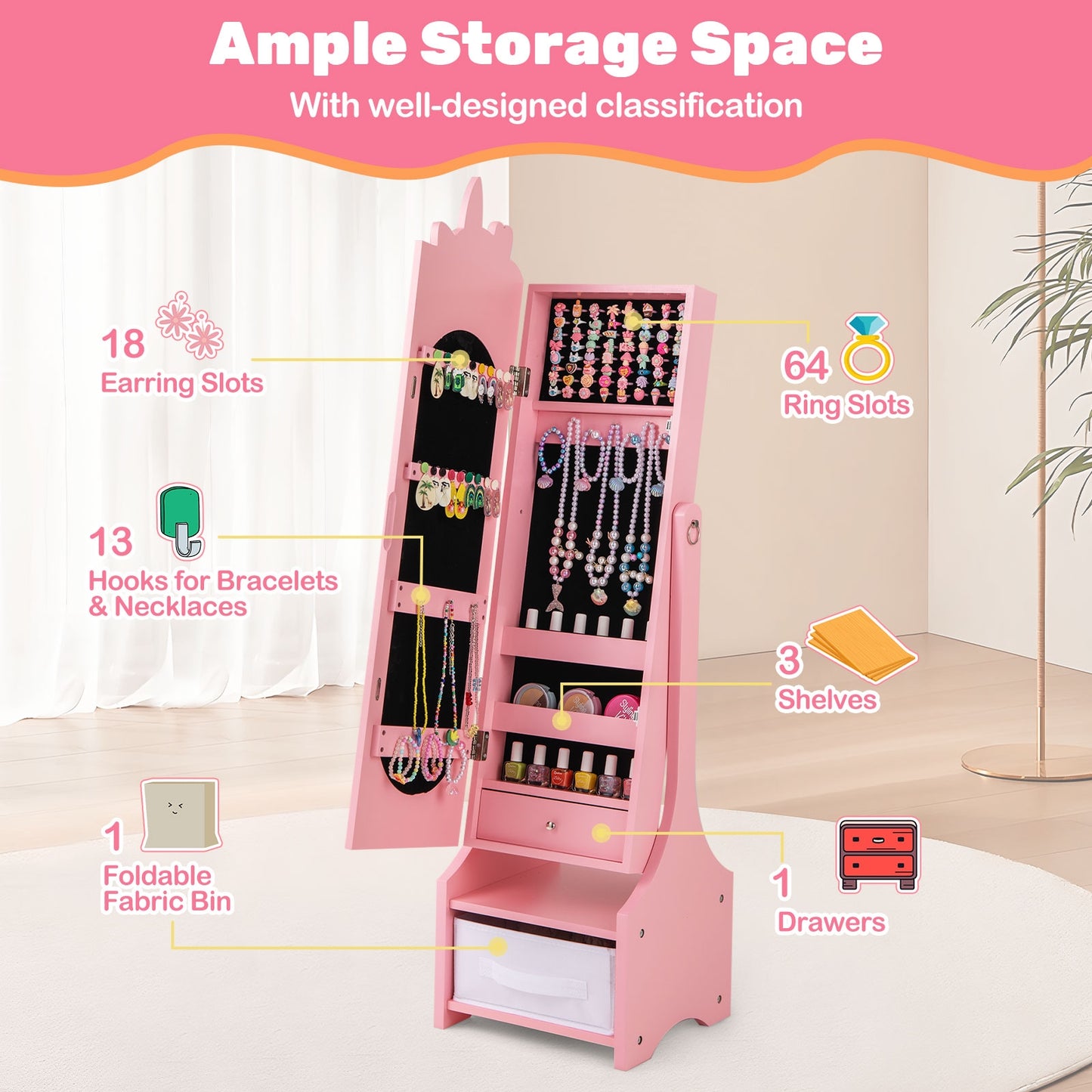 Kids Jewelry Armoire Cabinet with Storage and 2 Tilt Angles-Pink Kids Crystal