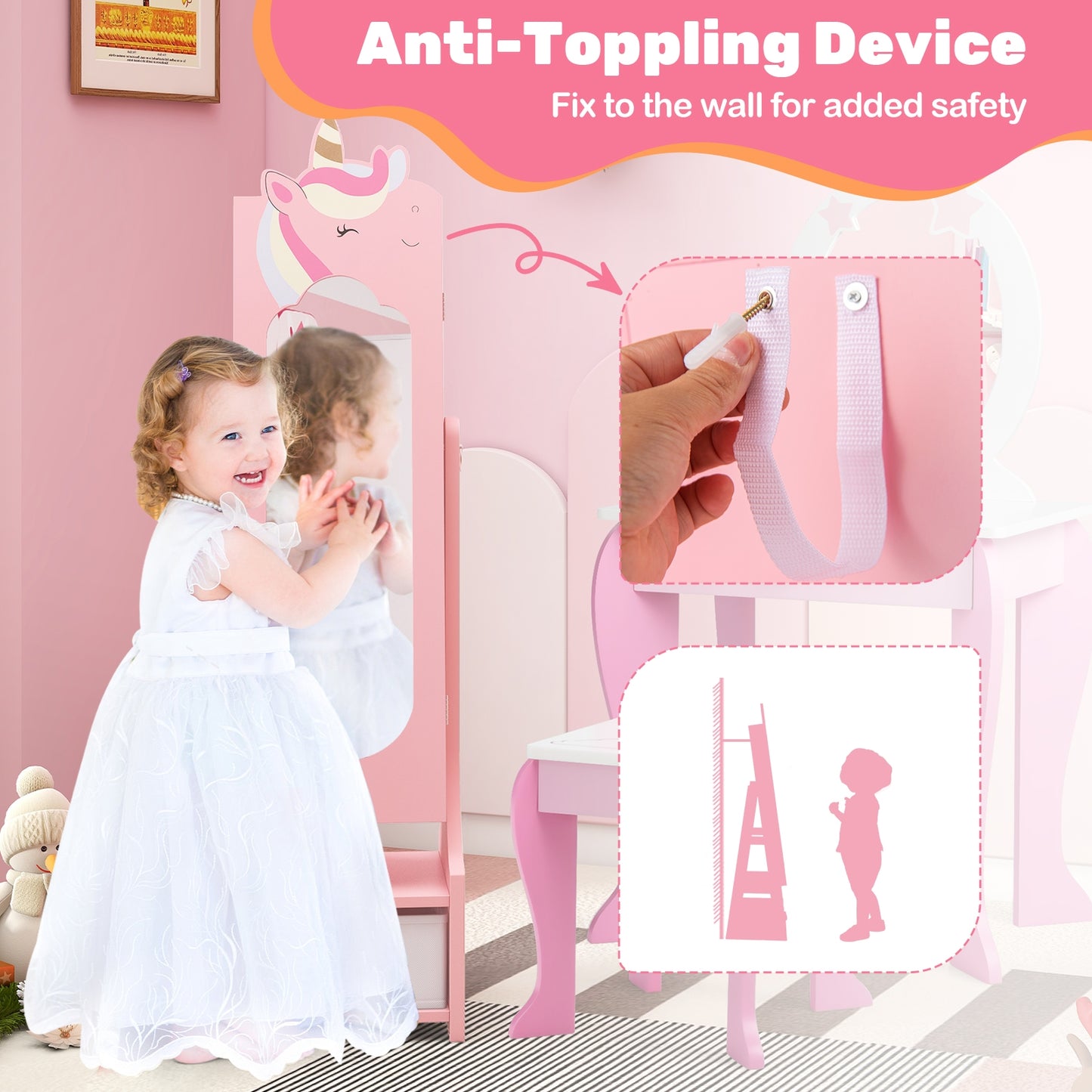 Kids Jewelry Armoire Cabinet with Storage and 2 Tilt Angles-Pink Kids Crystal