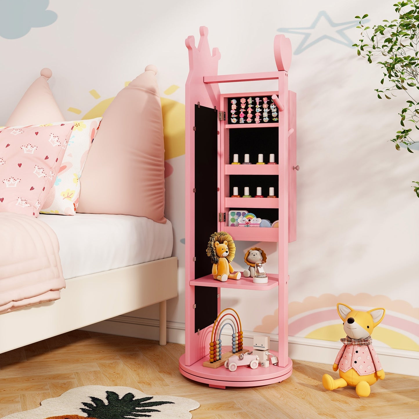 Free-Standing Full Length Mirror Kids Jewelry Armoire Cabinet-Pink Kids Crystal