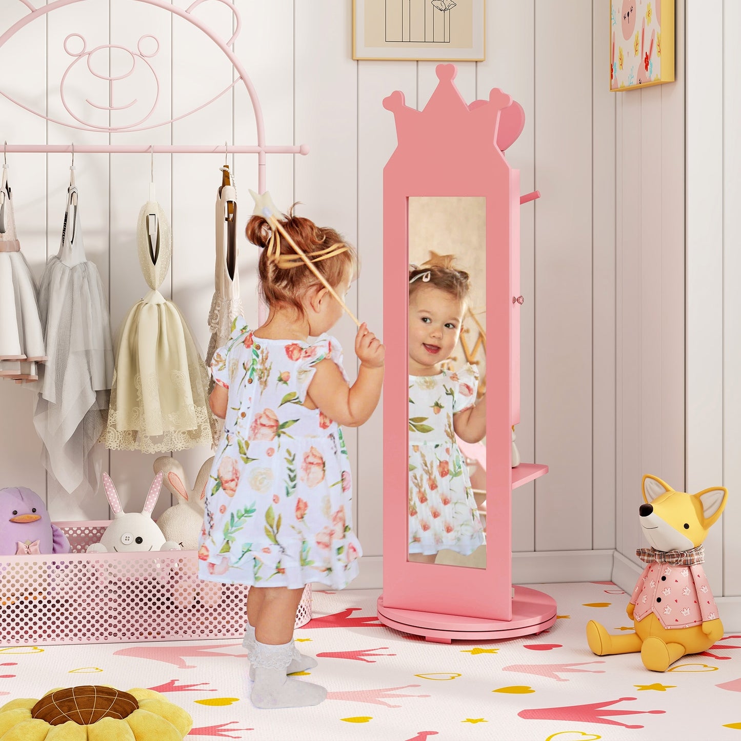 Free-Standing Full Length Mirror Kids Jewelry Armoire Cabinet-Pink Kids Crystal