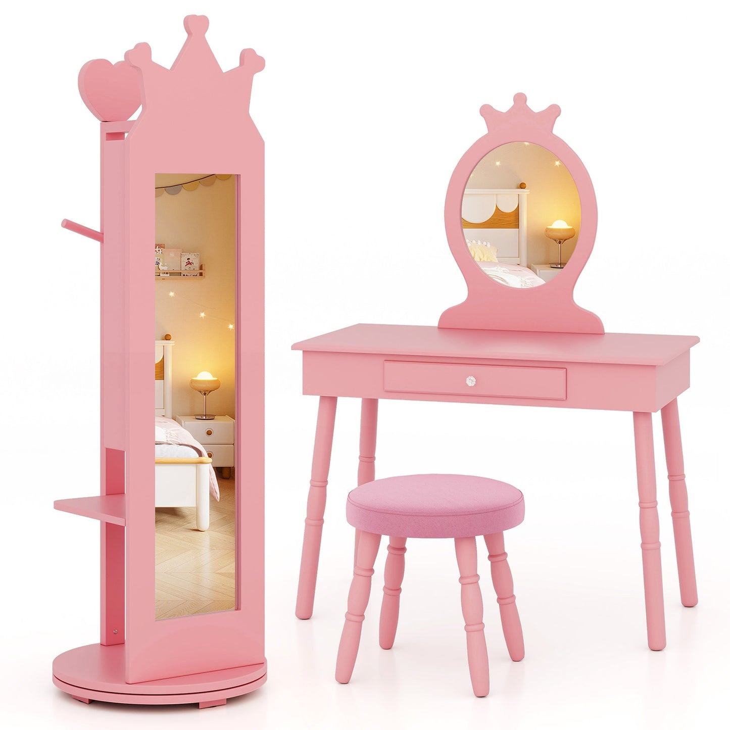 Free-Standing Full Length Mirror Kids Jewelry Armoire Cabinet-Pink Kids Crystal