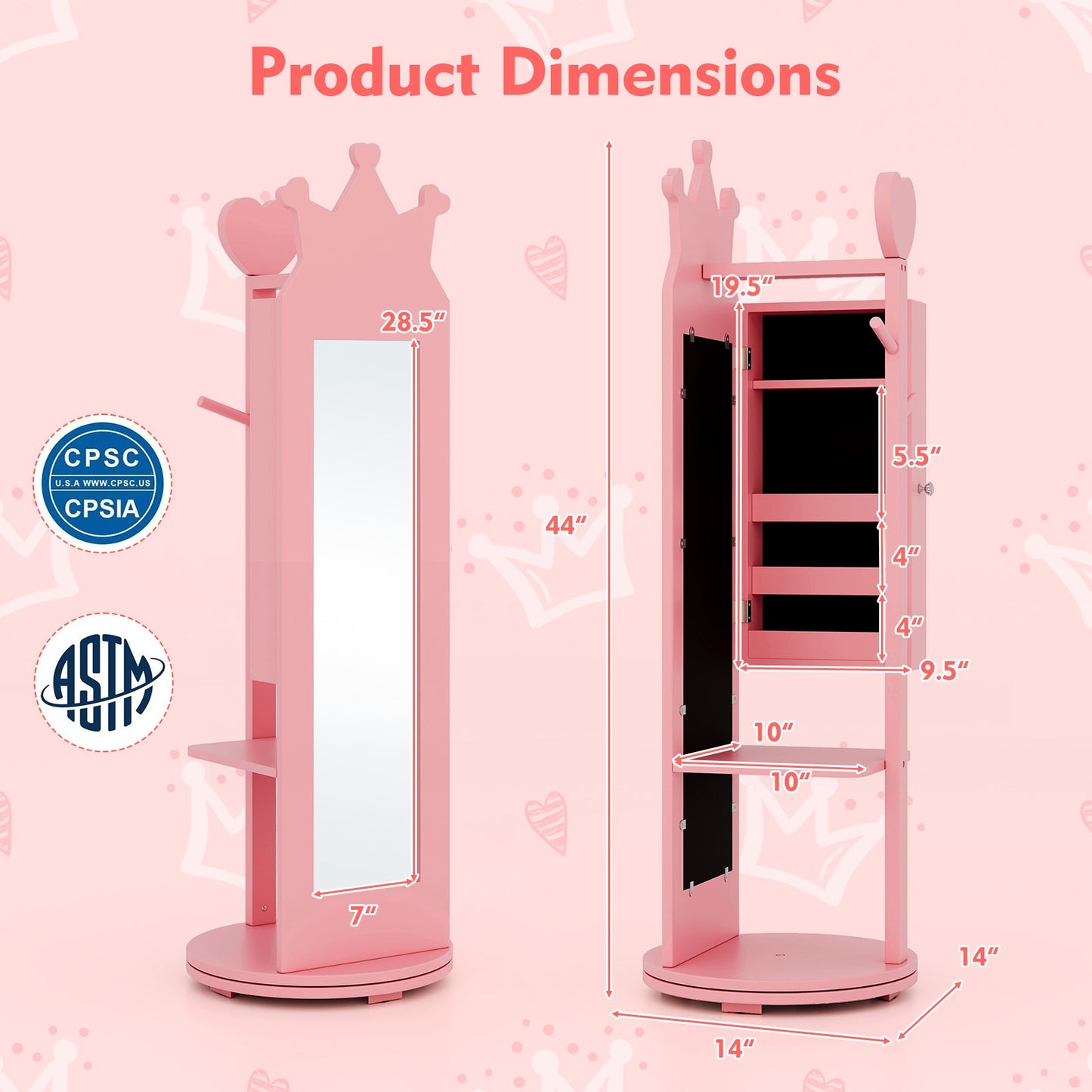 Free-Standing Full Length Mirror Kids Jewelry Armoire Cabinet-Pink Kids Crystal