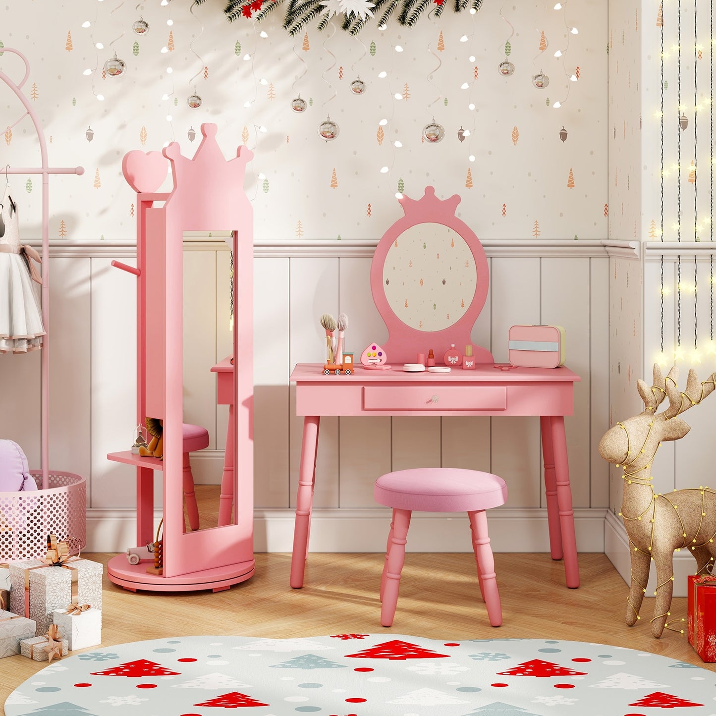 Free-Standing Full Length Mirror Kids Jewelry Armoire Cabinet-Pink Kids Crystal