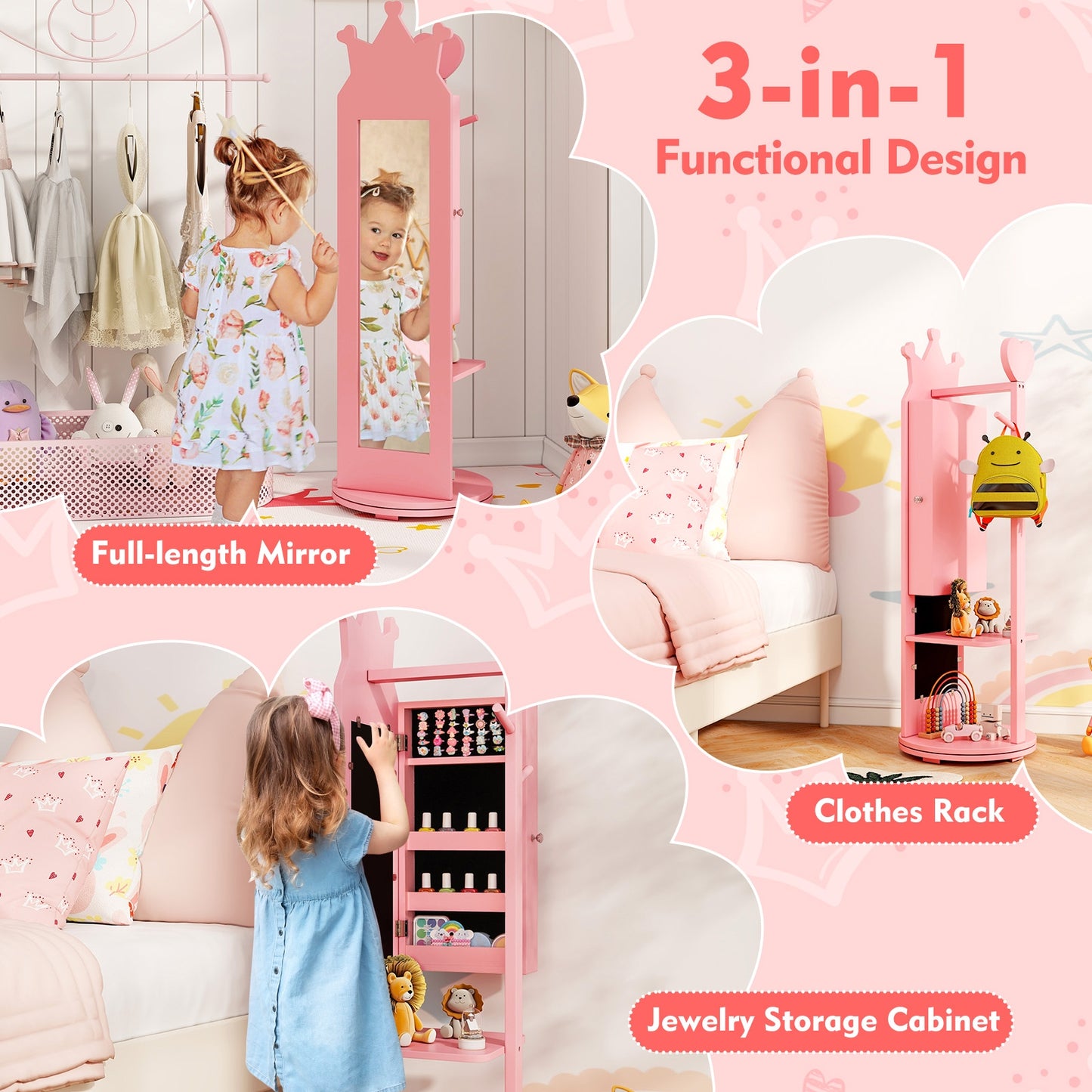 Free-Standing Full Length Mirror Kids Jewelry Armoire Cabinet-Pink Kids Crystal