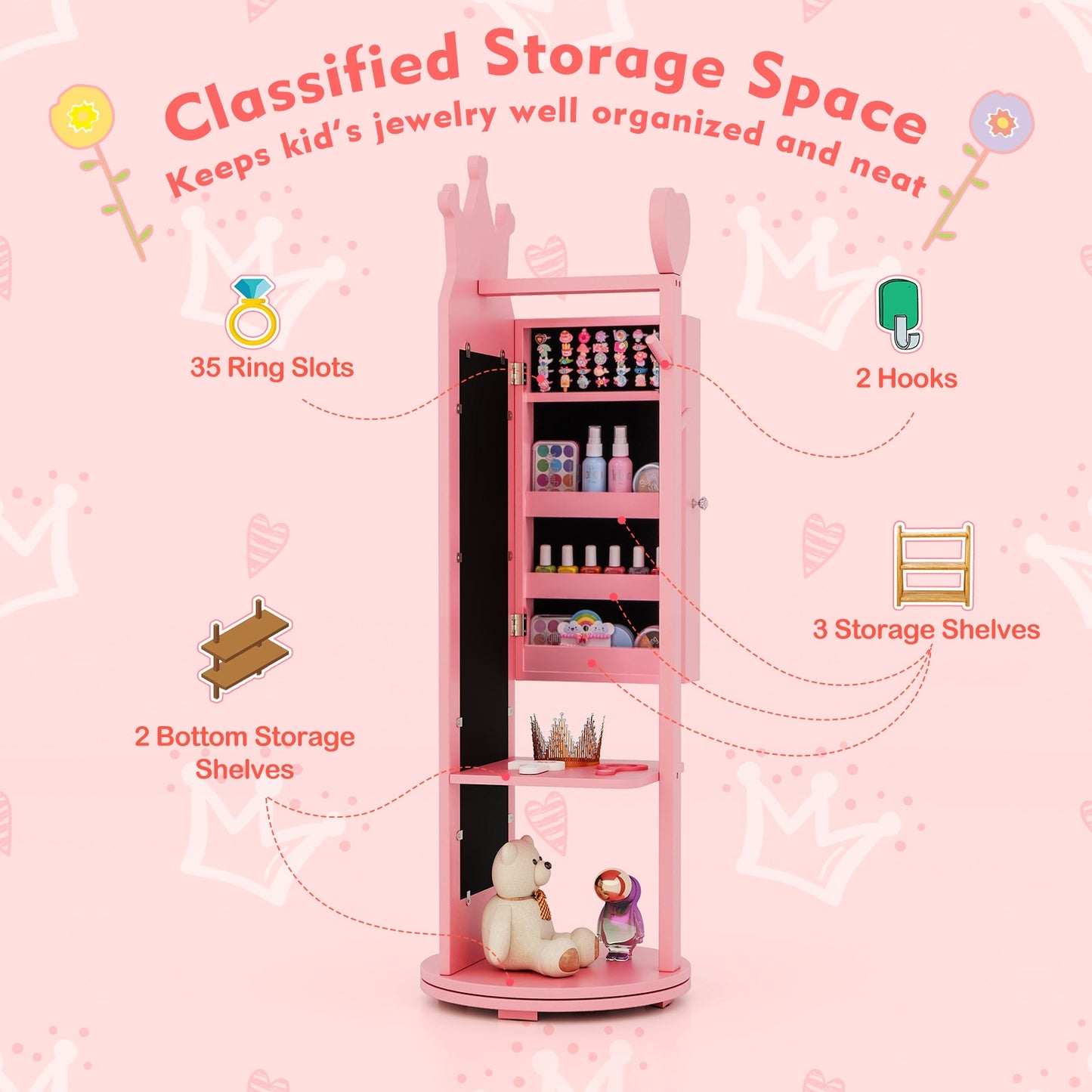 Free-Standing Full Length Mirror Kids Jewelry Armoire Cabinet-Pink Kids Crystal