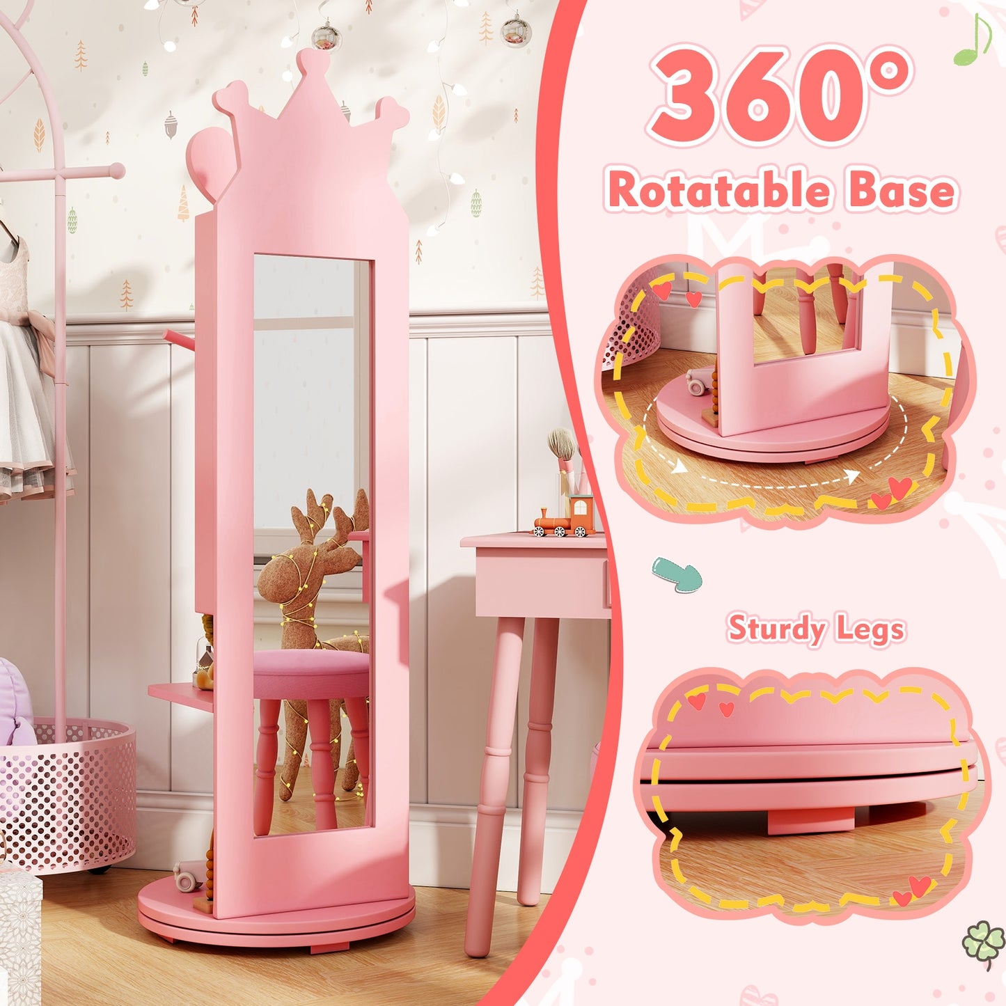 Free-Standing Full Length Mirror Kids Jewelry Armoire Cabinet-Pink Kids Crystal