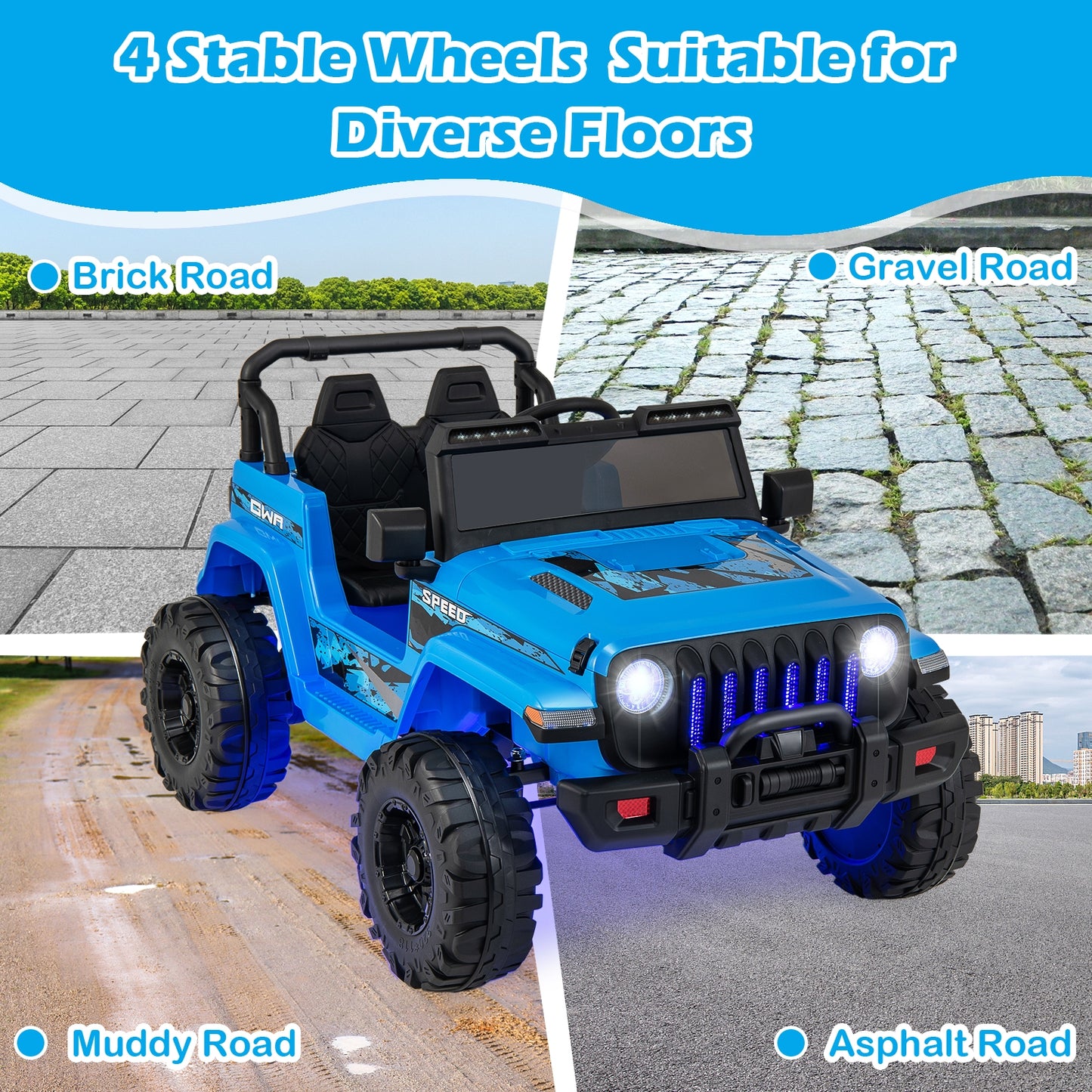 12V Kids Ride-on Jeep Car with 2.4 G Remote Control-Blue Kids Crystal