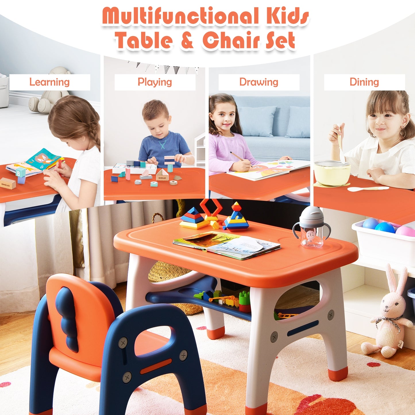 Kids Activity Table and Chair Set with Montessori Toys for Preschool and Kindergarten-Orange Kids Crystal