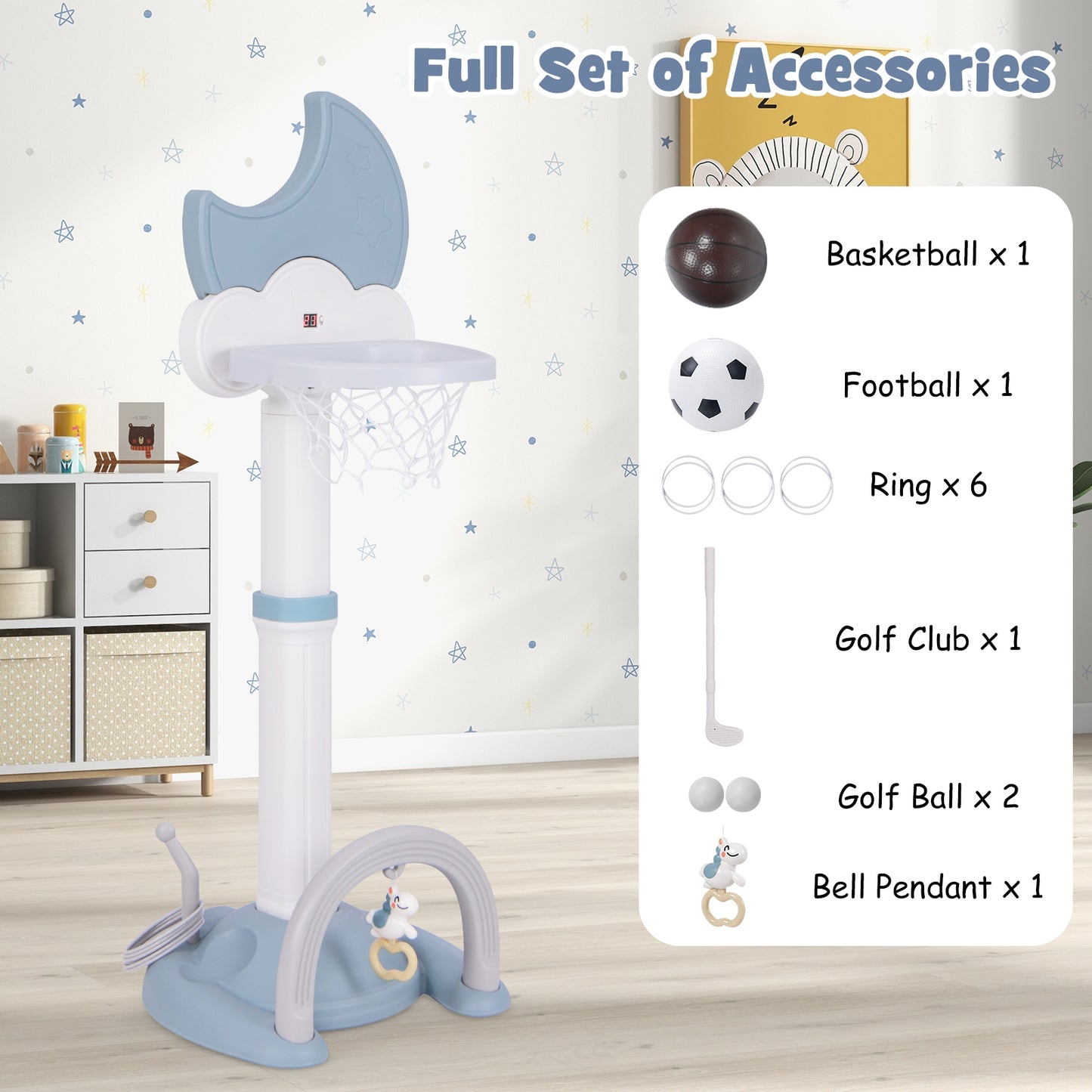 4-In-1 Kids Basketball Hoop with Moon-shaped Electronic Scoreboard and Play Set-Blue