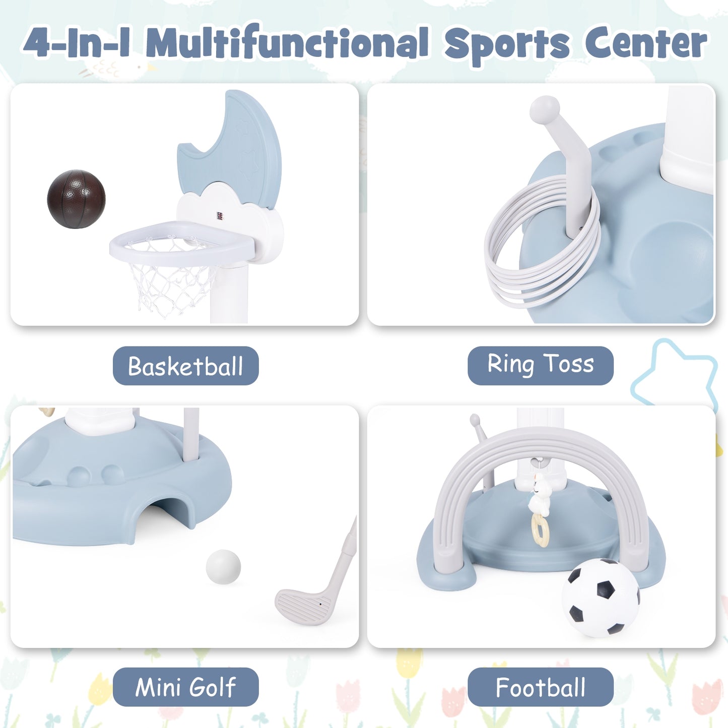 4-In-1 Kids Basketball Hoop with Moon-shaped Electronic Scoreboard and Play Set-Blue Kids Crystal