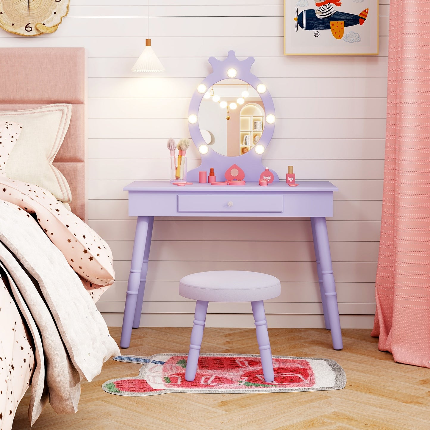 Kids Vanity Set with Lighted Mirror with Adjustable Brightness and Large Drawer-Purple Kids Crystal