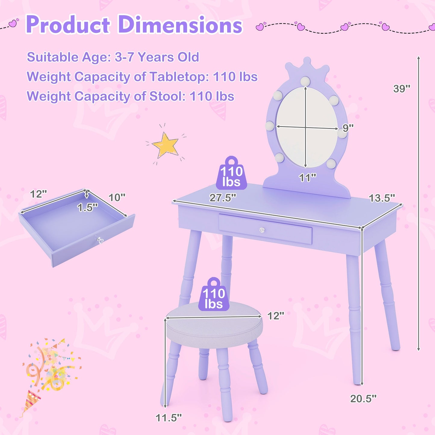 Kids Vanity Set with Lighted Mirror with Adjustable Brightness and Large Drawer-Purple Kids Crystal
