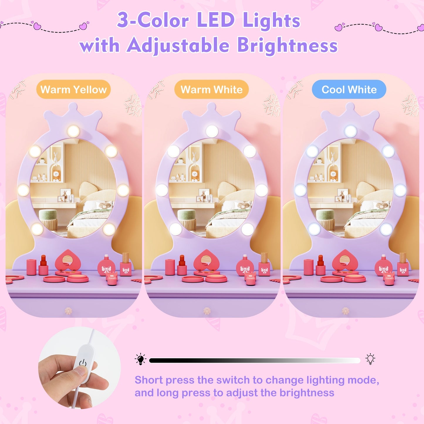 Kids Vanity Set with Lighted Mirror with Adjustable Brightness and Large Drawer-Purple Kids Crystal