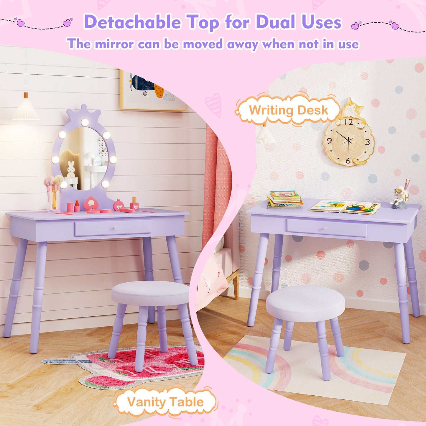 Kids Vanity Set with Lighted Mirror with Adjustable Brightness and Large Drawer-Purple Kids Crystal