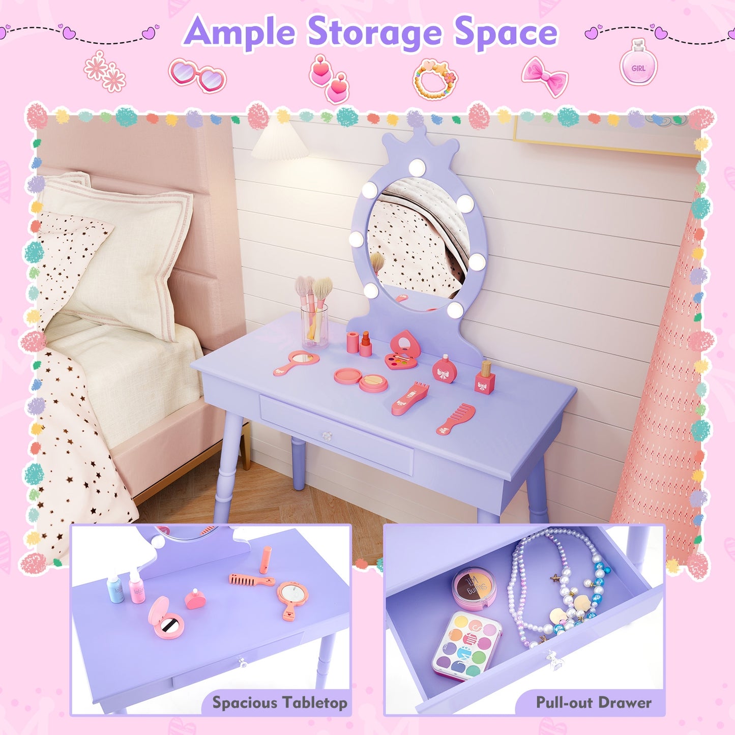 Kids Vanity Set with Lighted Mirror with Adjustable Brightness and Large Drawer-Purple Kids Crystal