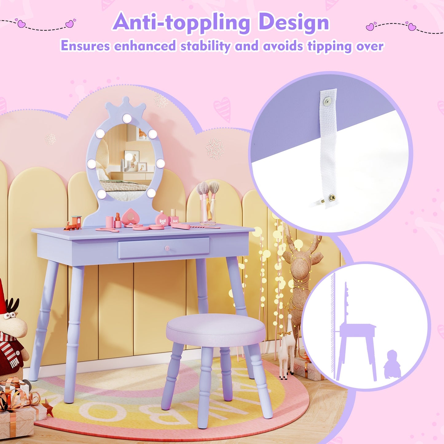 Kids Vanity Set with Lighted Mirror with Adjustable Brightness and Large Drawer-Purple Kids Crystal