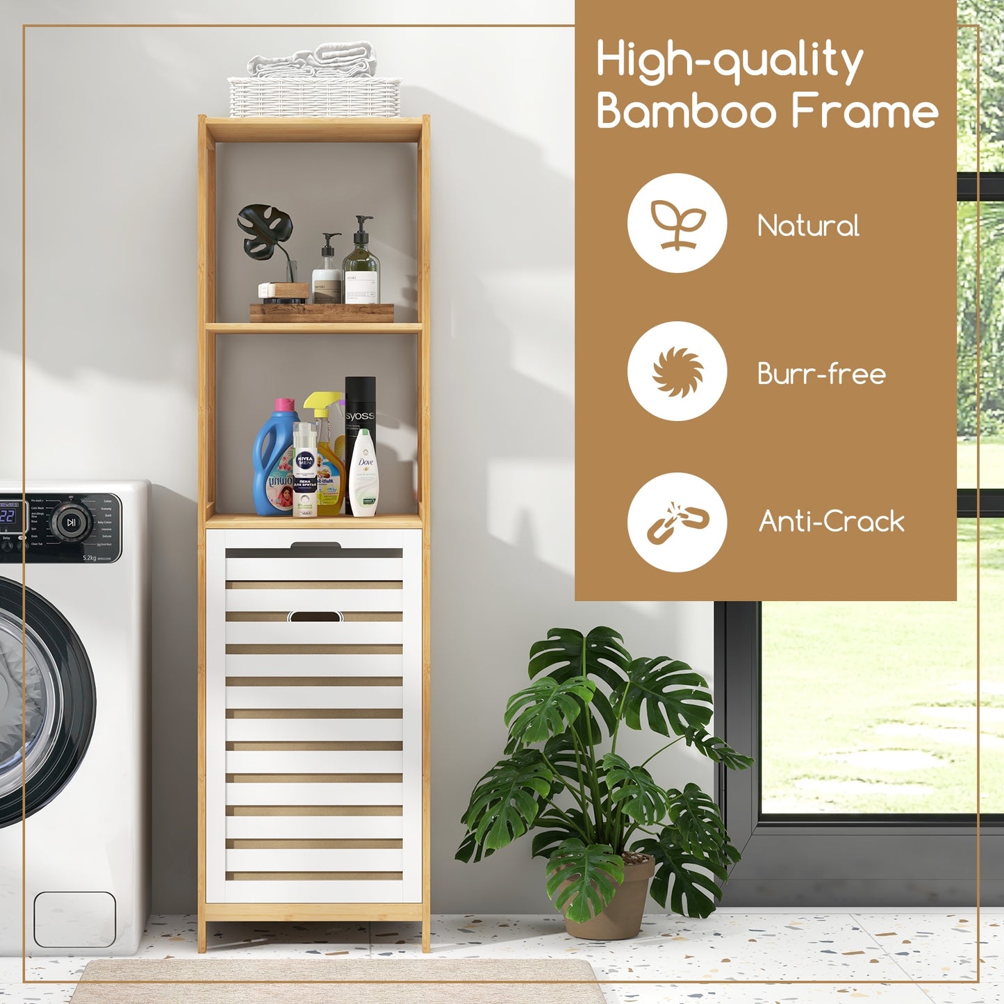 3-Tier Tilt-Out Laundry Hamper with Storage Shelves for Laundry Room-Natural and White Kids Crystal