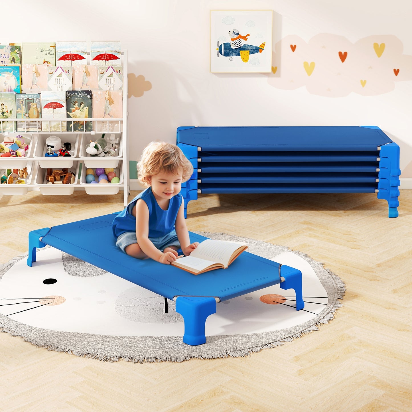 Portable 6 Pack Stackable Daycare Cots Sleeping Bed for Kids 53 Inch-Blue Kids Crystal