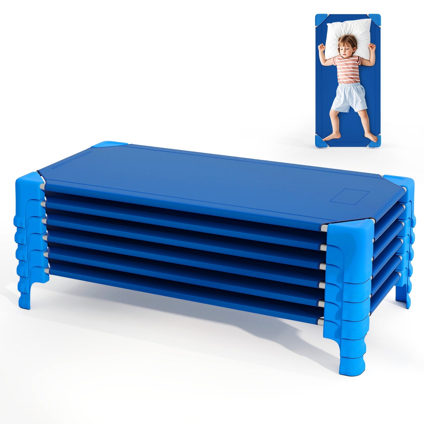Portable 6 Pack Stackable Daycare Cots Sleeping Bed for Kids 53 Inch-Blue Kids Crystal