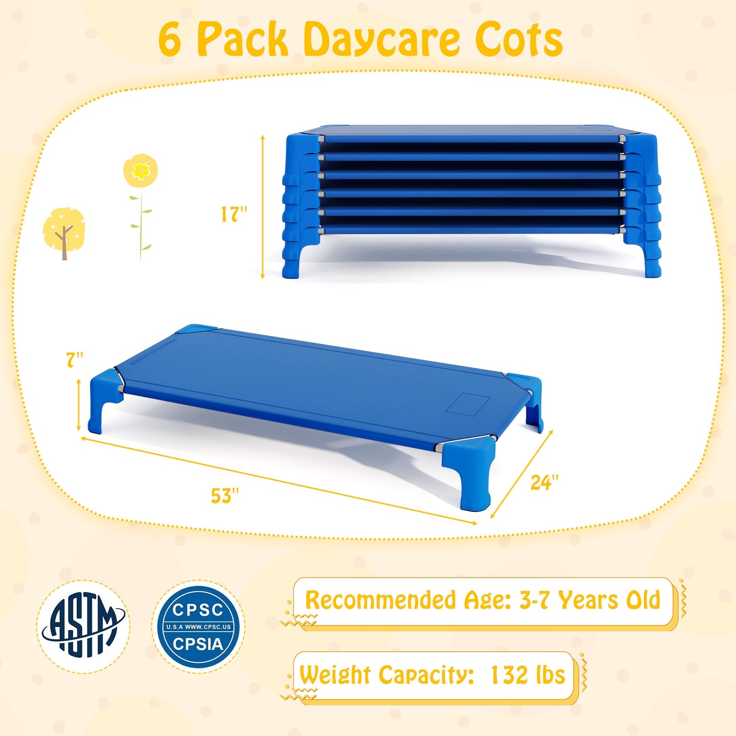 Portable 6 Pack Stackable Daycare Cots Sleeping Bed for Kids 53 Inch-Blue Kids Crystal