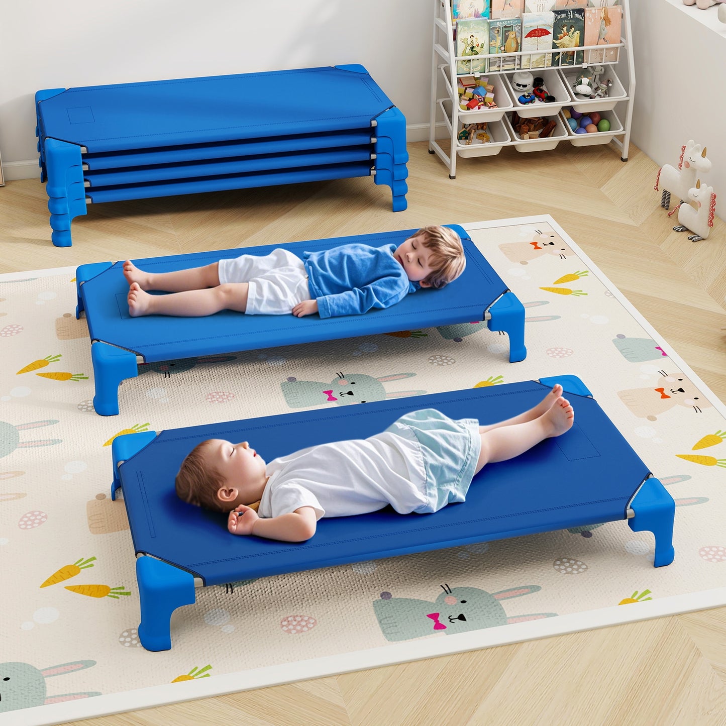Portable 6 Pack Stackable Daycare Cots Sleeping Bed for Kids 53 Inch-Blue Kids Crystal