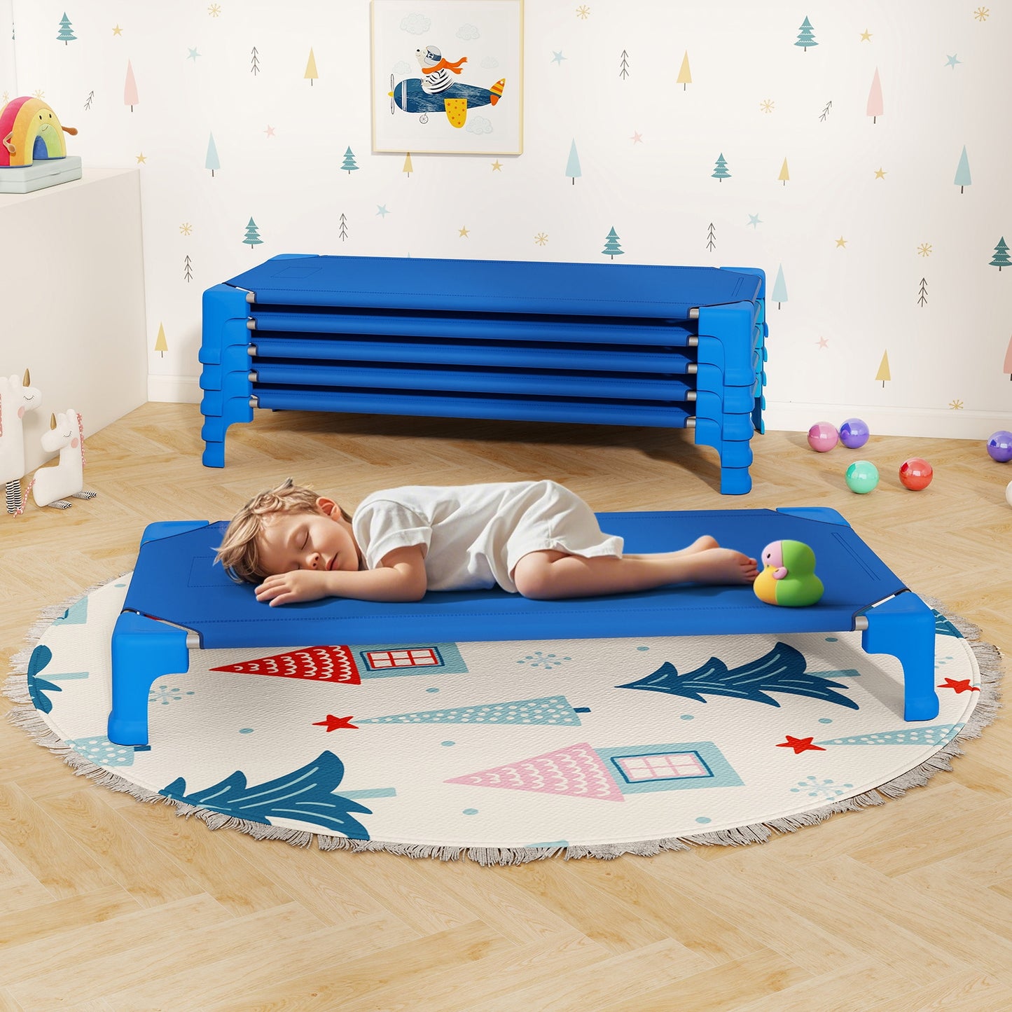 Portable 6 Pack Stackable Daycare Cots Sleeping Bed for Kids 53 Inch-Blue Kids Crystal