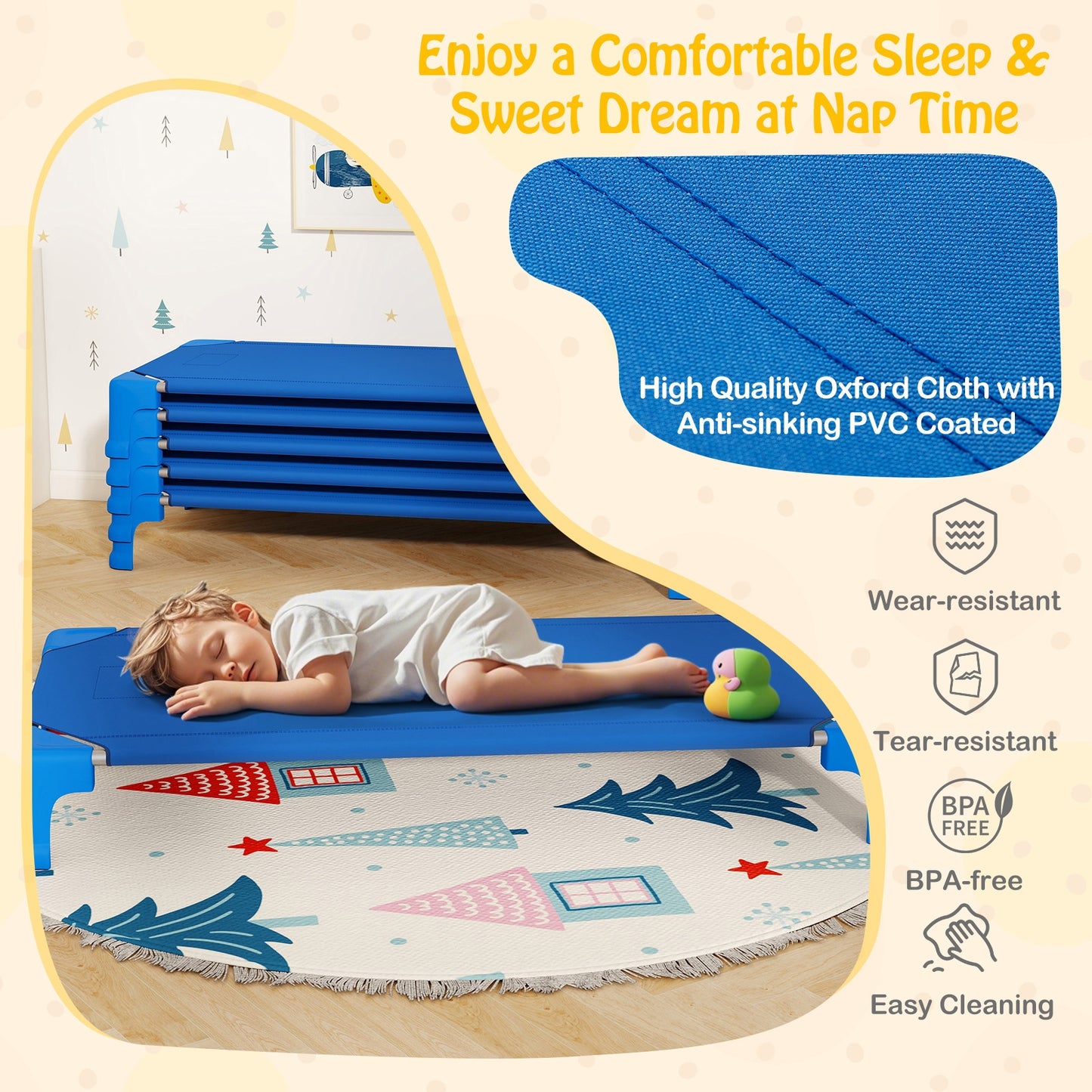 Portable 6 Pack Stackable Daycare Cots Sleeping Bed for Kids 53 Inch-Blue Kids Crystal