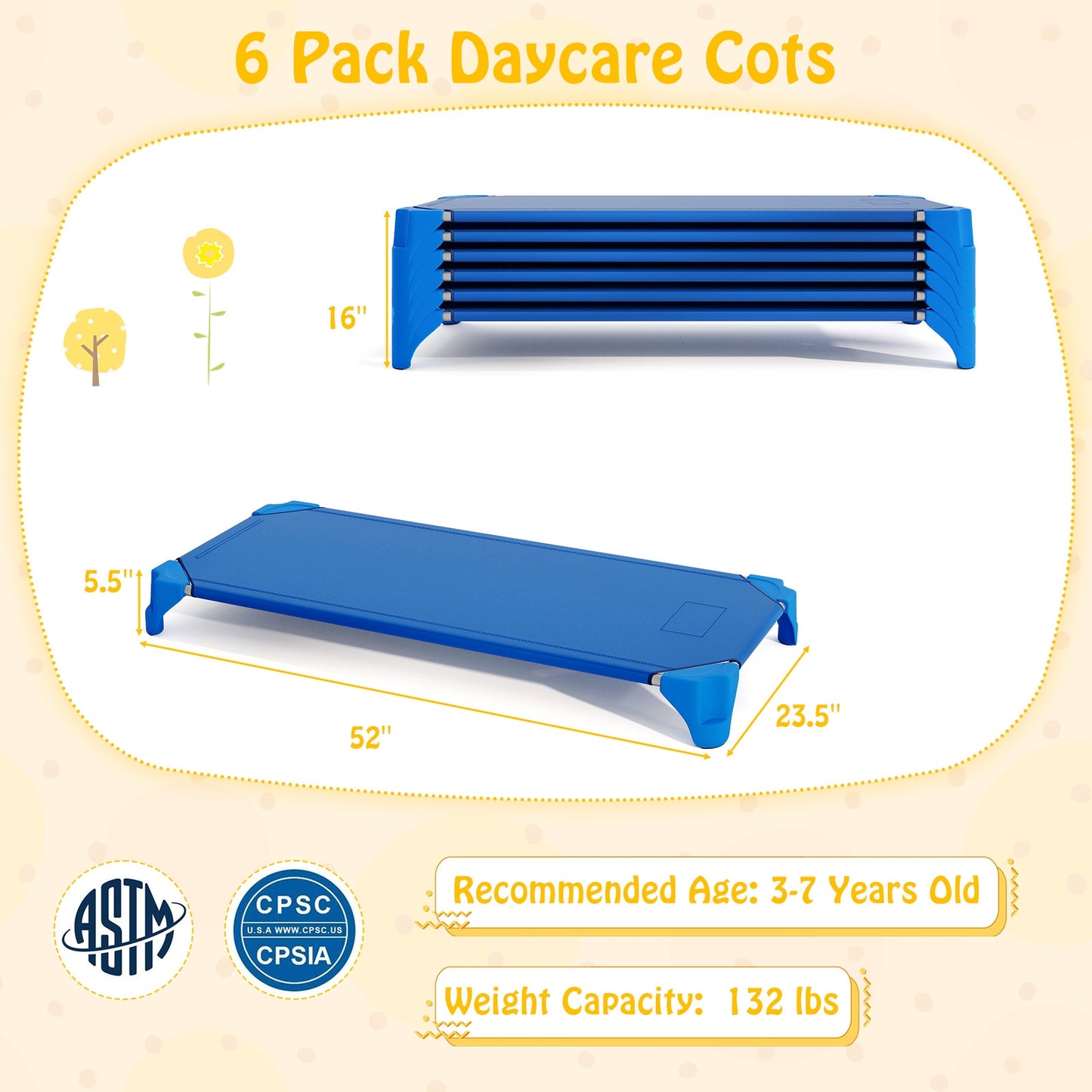 Portable 6 Pack Stackable Daycare Cots Sleeping Bed for Kids 52 Inch-Blue Kids Crystal