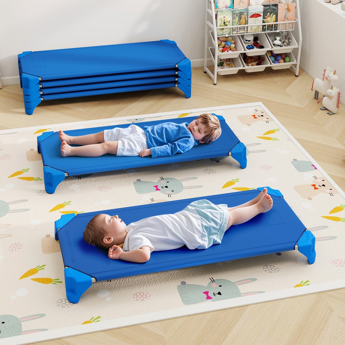 Portable 6 Pack Stackable Daycare Cots Sleeping Bed for Kids 52 Inch-Blue Kids Crystal