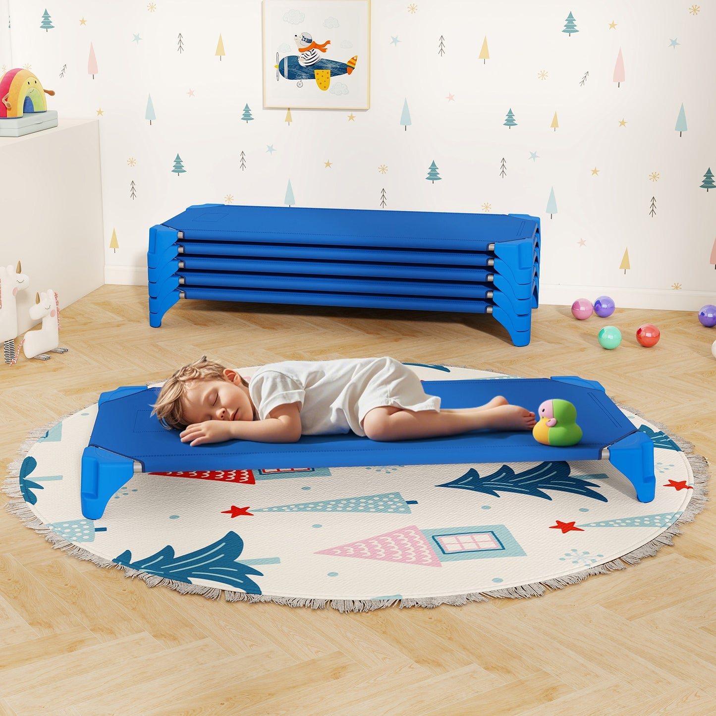 Portable 6 Pack Stackable Daycare Cots Sleeping Bed for Kids 52 Inch-Blue Kids Crystal