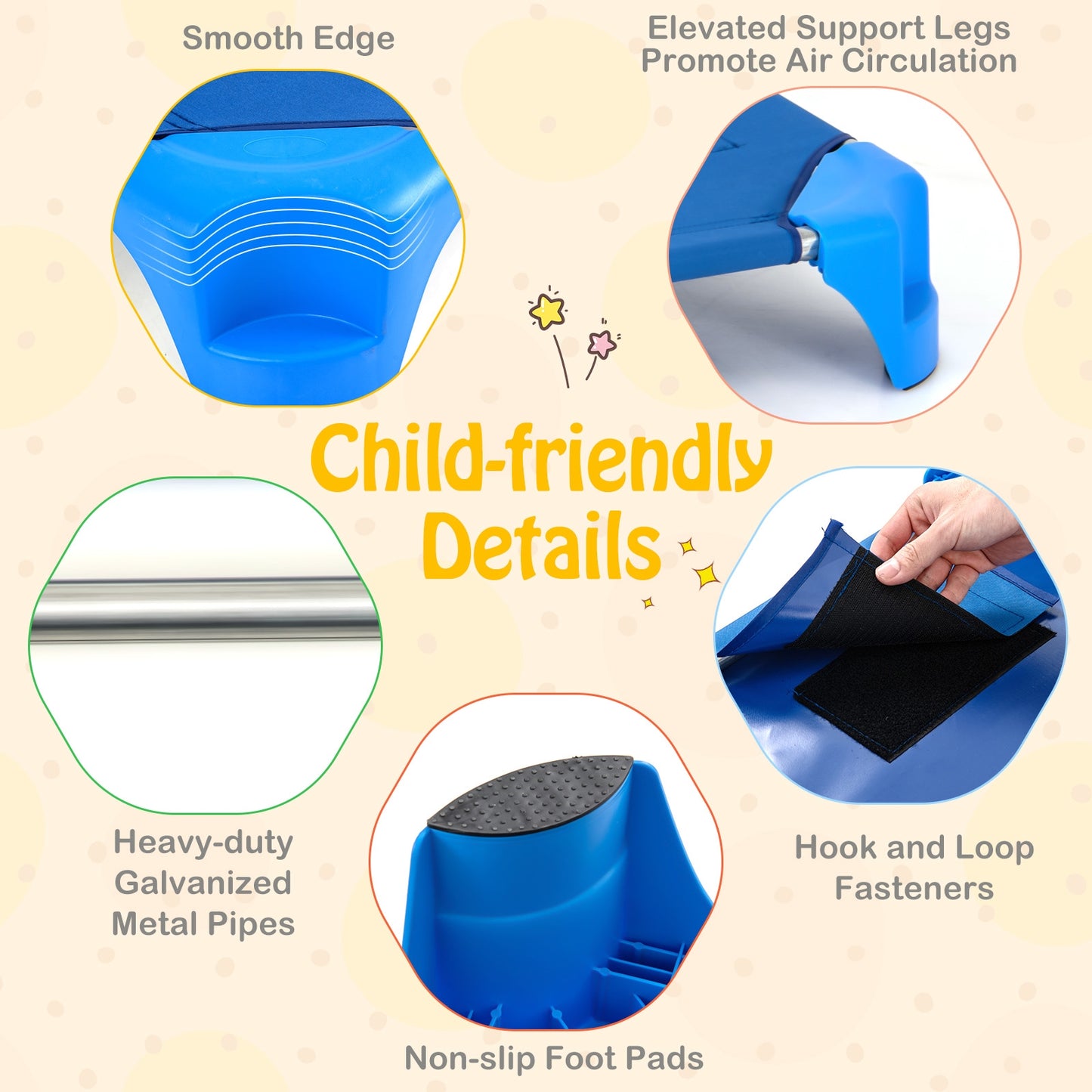 Portable 6 Pack Stackable Daycare Cots Sleeping Bed for Kids 52 Inch-Blue Kids Crystal