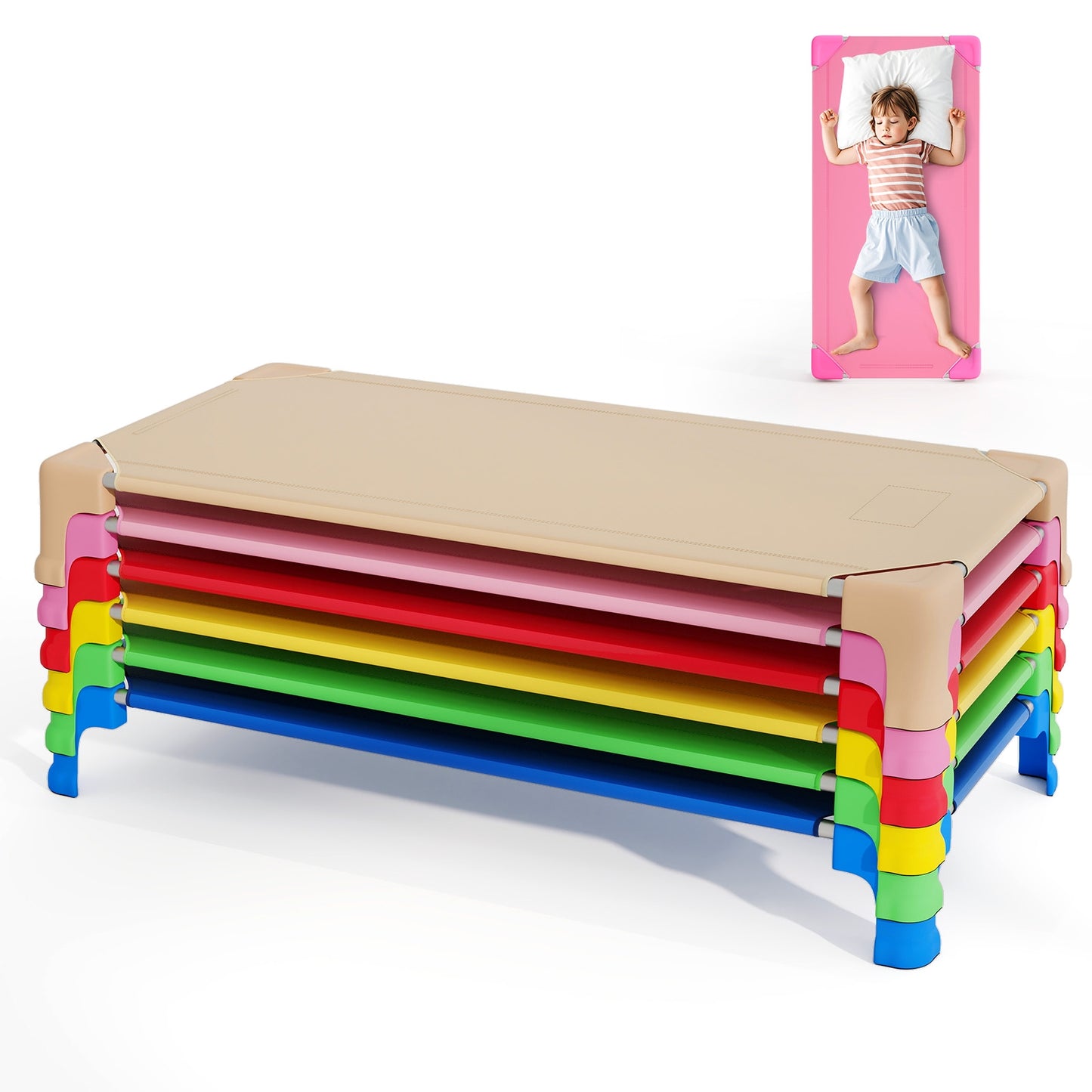 Portable 6 Pack Stackable Daycare Cots Sleeping Bed for Kids 53 Inch-Multicolor Kids Crystal