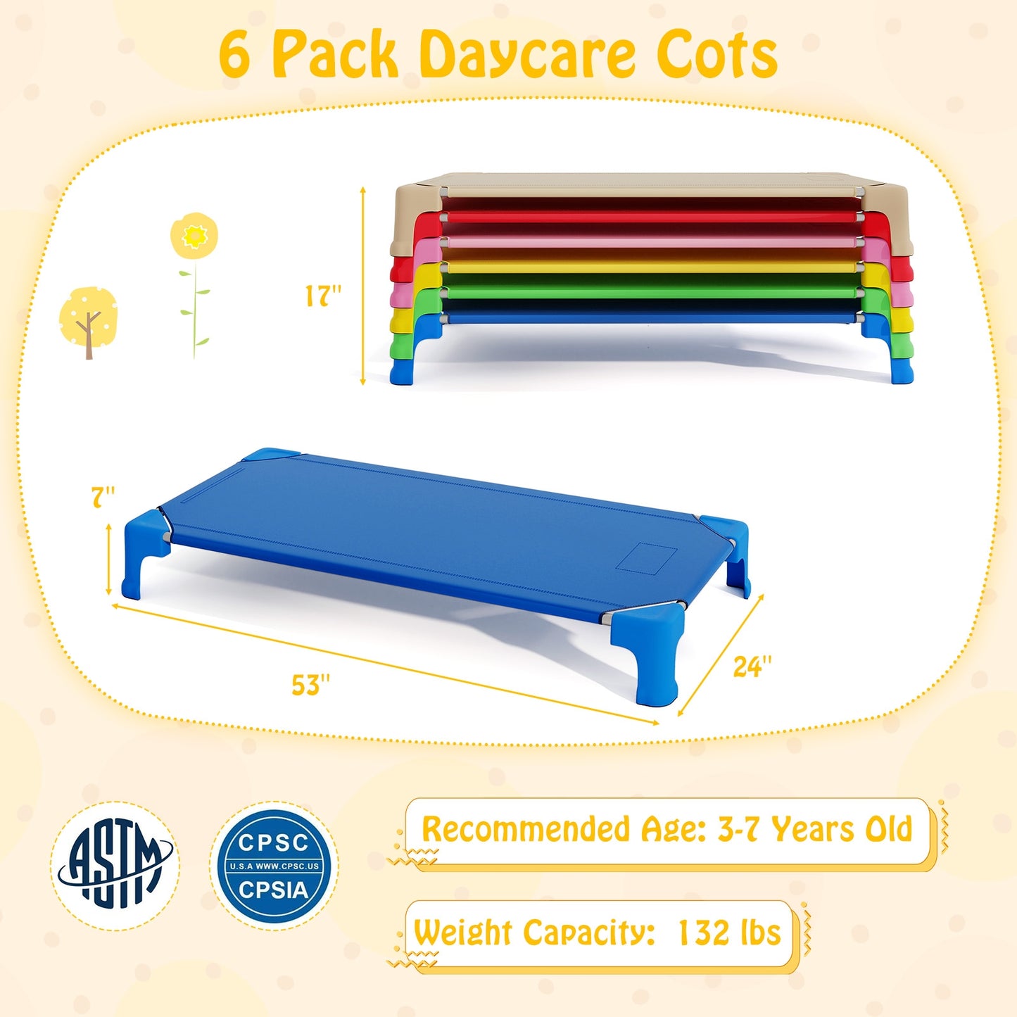 Portable 6 Pack Stackable Daycare Cots Sleeping Bed for Kids 53 Inch-Multicolor Kids Crystal