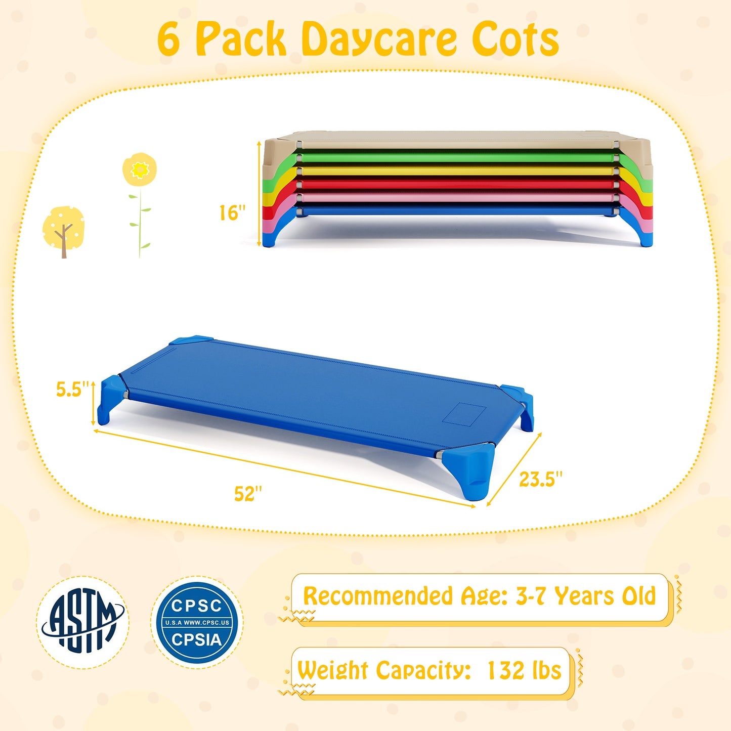 Portable 6 Pack Stackable Daycare Cots Sleeping Bed for Kids 52 Inch-Multicolor Kids Crystal
