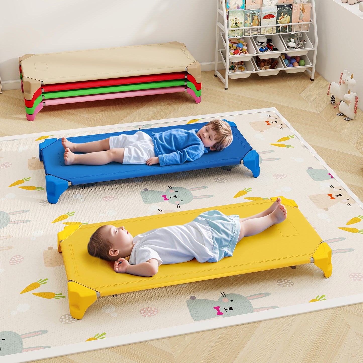 Portable 6 Pack Stackable Daycare Cots Sleeping Bed for Kids 52 Inch-Multicolor Kids Crystal
