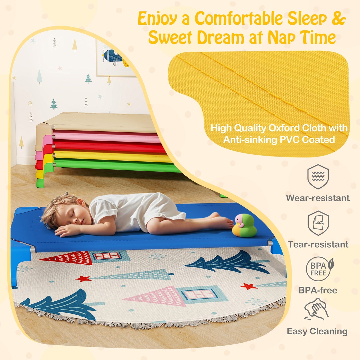 Portable 6 Pack Stackable Daycare Cots Sleeping Bed for Kids 53 Inch-Multicolor Kids Crystal
