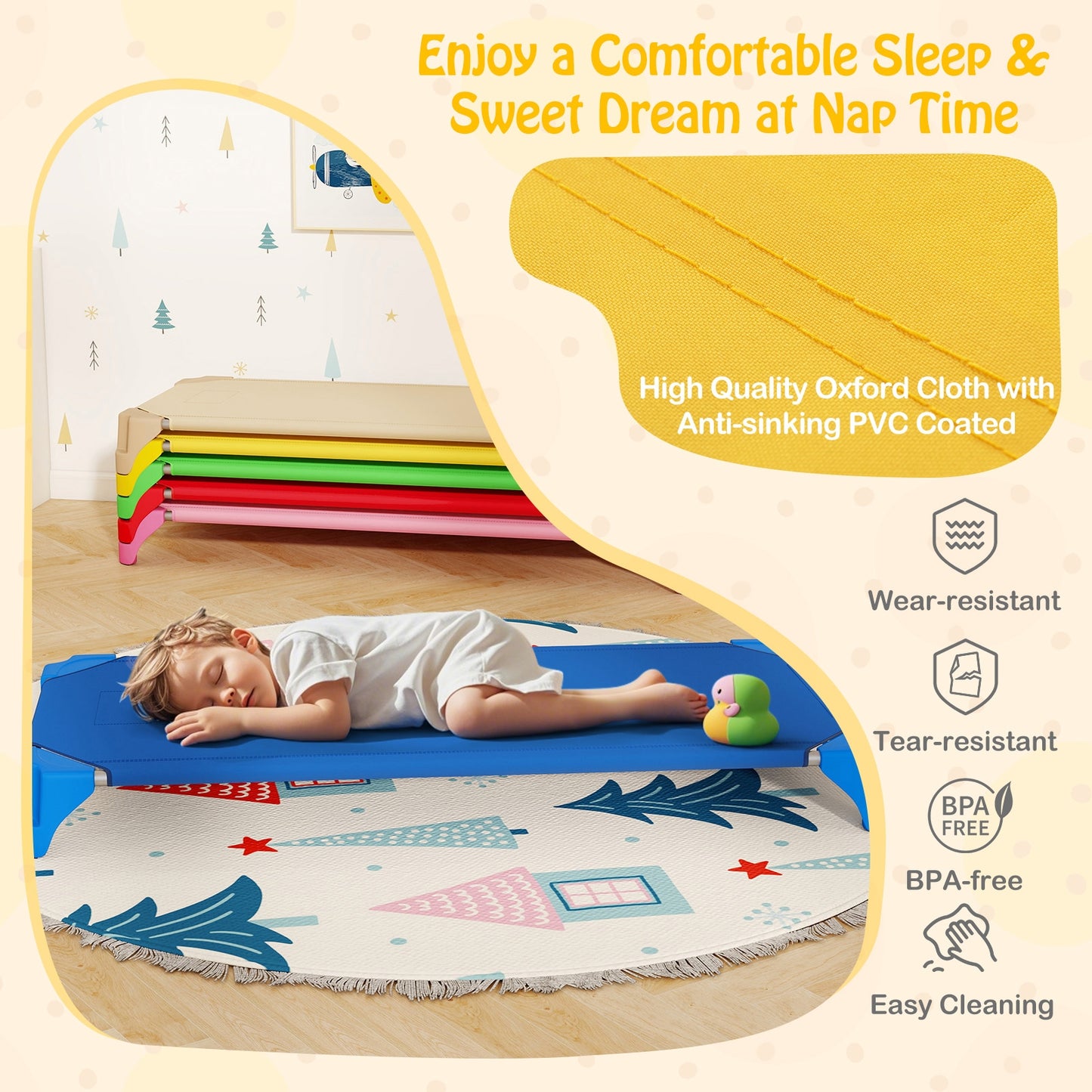 Portable 6 Pack Stackable Daycare Cots Sleeping Bed for Kids 52 Inch-Multicolor Kids Crystal
