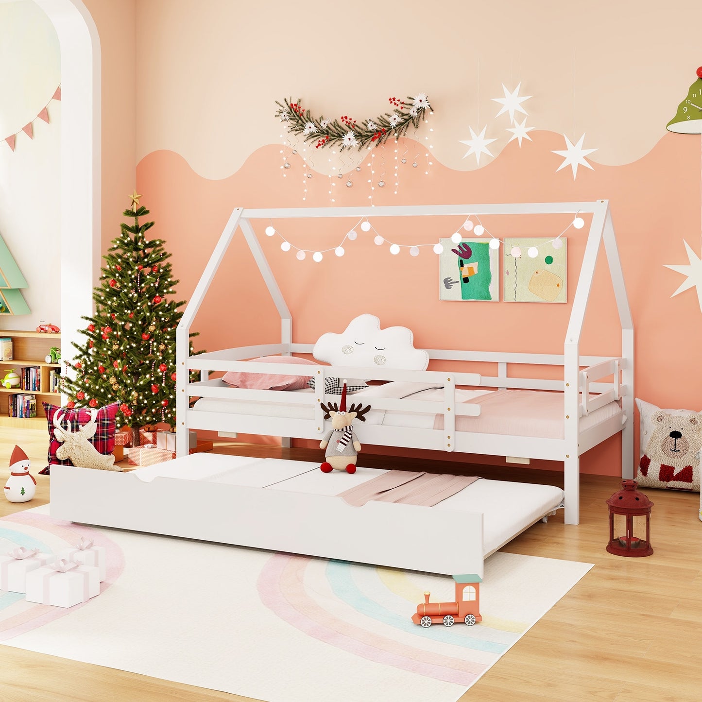 Twin House Bed with Trundle and Fence Rail-White Kids Crystal