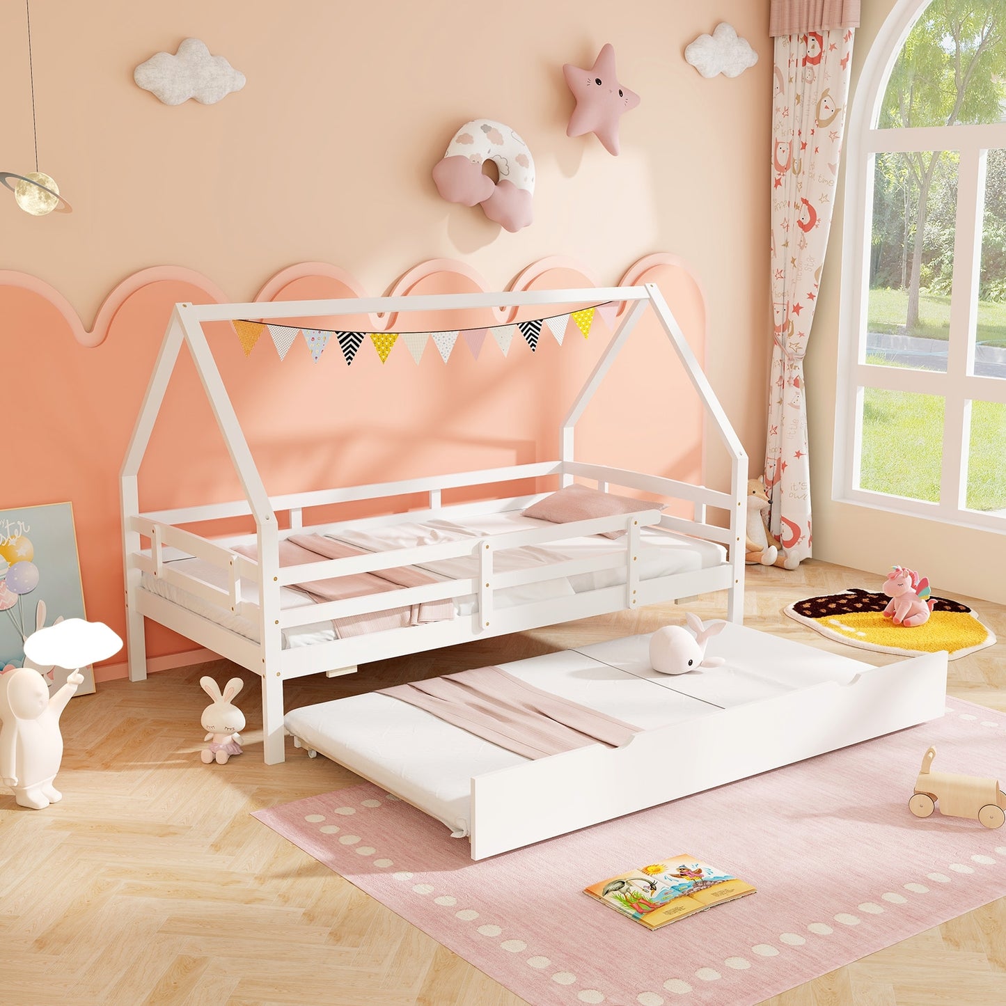 Twin House Bed with Trundle and Fence Rail-White Kids Crystal