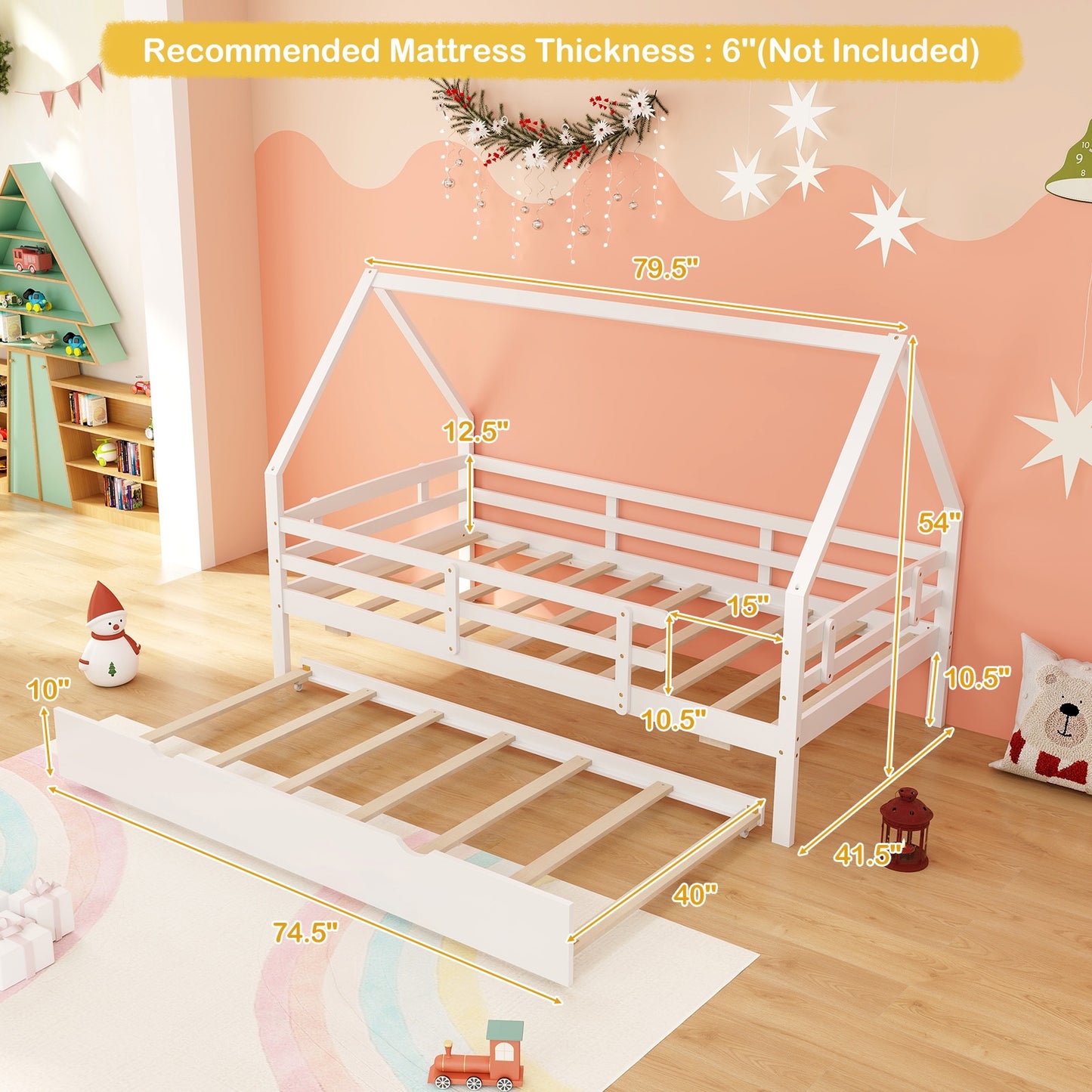 Twin House Bed with Trundle and Fence Rail-White Kids Crystal